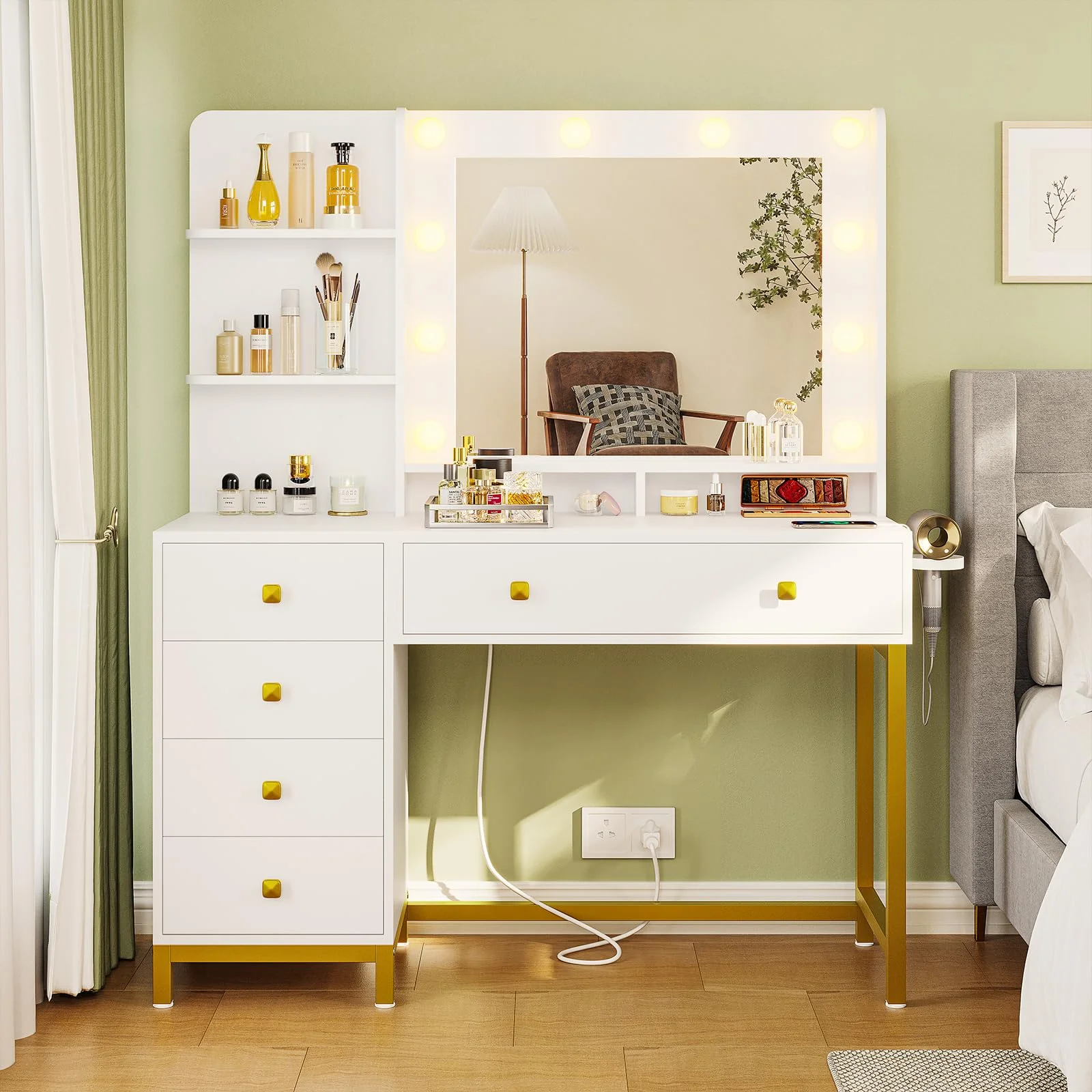 Afuhokles Vanity Desk with Lighted Mirror and Charging Station, 5 Drawers, 3 Tiers Storage Shelves, Makeup Table for Bedroom, White