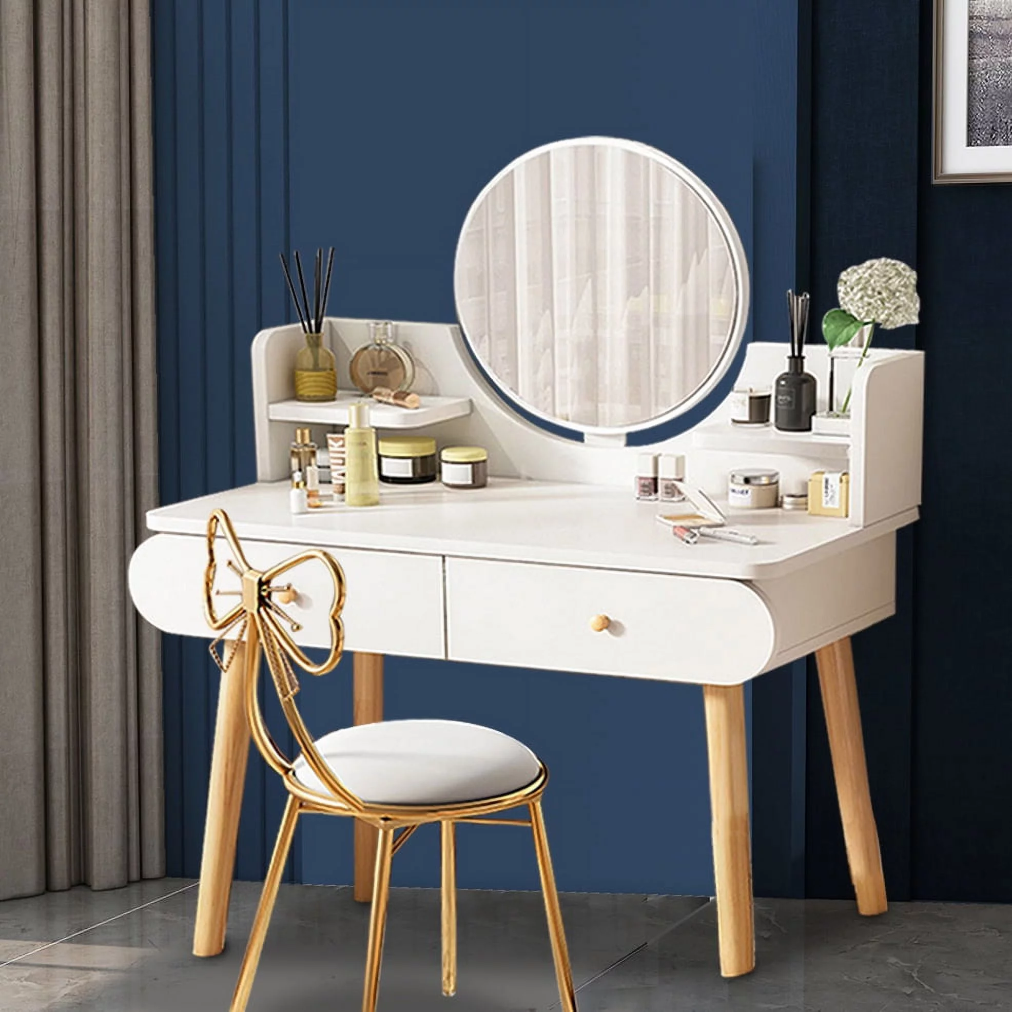 Modern Vanity Table Makeup Desk, 2 Drawers and 4 Shelves for Bedroom White(Without Stool and LED)