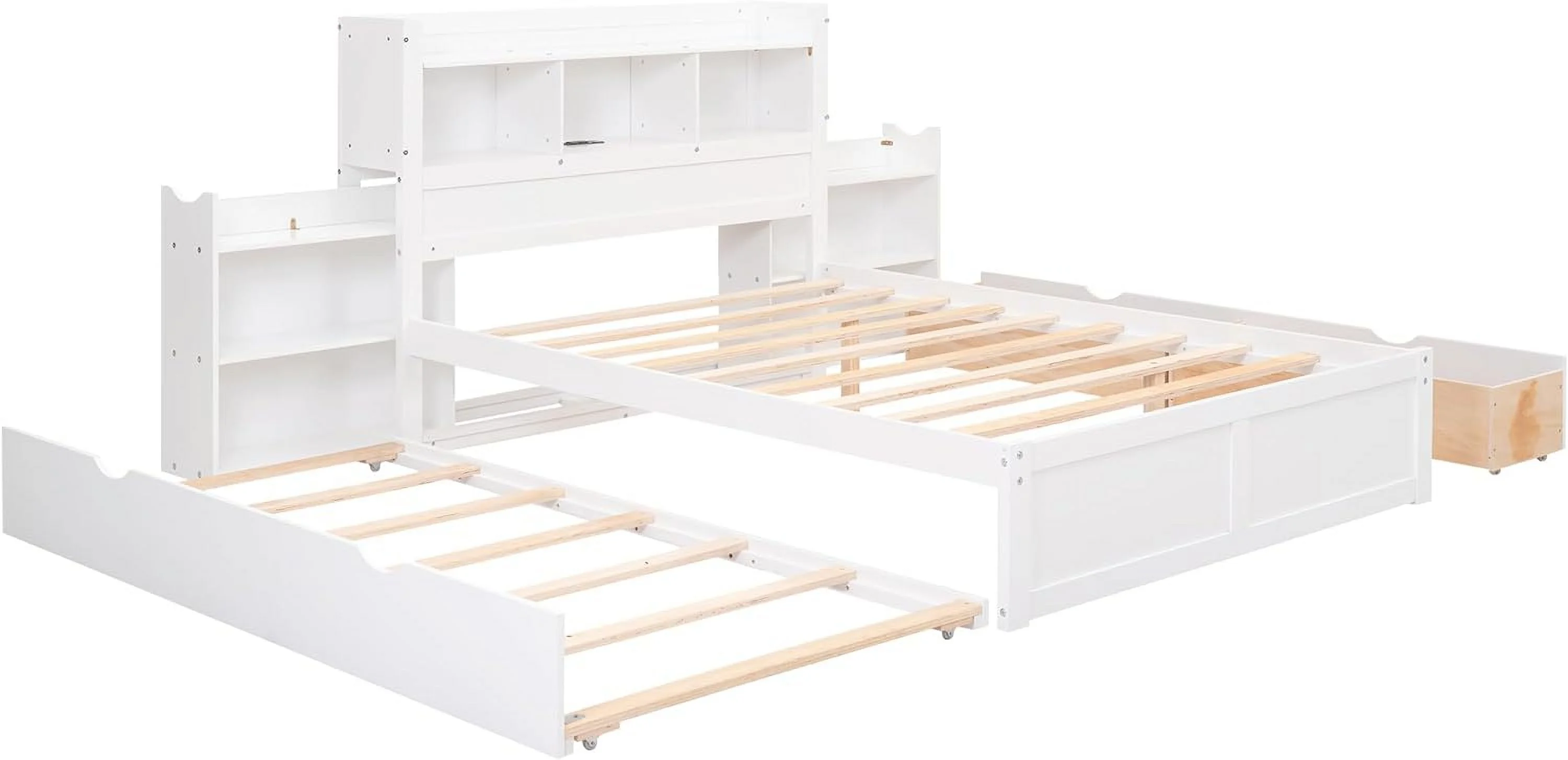 Platform Bed, Full Size Storage Platform Bed with Pull Out Shelves, Twin Size Trundle and 2 Drawers, Multifunctional Platform Bed for Kids Teens Girls Boys Bedroom, Easy Assembly