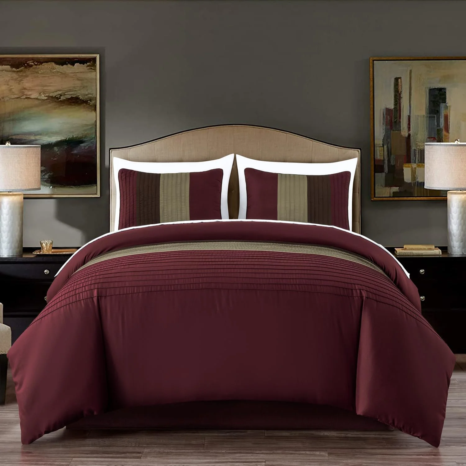 Briar 7-Piece California King Bed In A Bag Comforter Set With - Lightweight Comforter Burgundy Coffee Brown Luxury Pleated Stripe Bedding Set For All Season