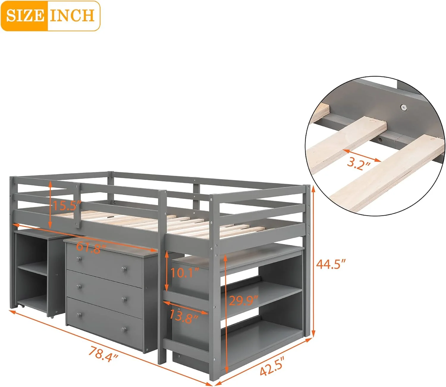 Size Loft Bed With Desk, Low Study Loft Bed Frame, With Cabinet And Rolling Portable Desk, Low Loft Bed For Kids And Teens (Gray)