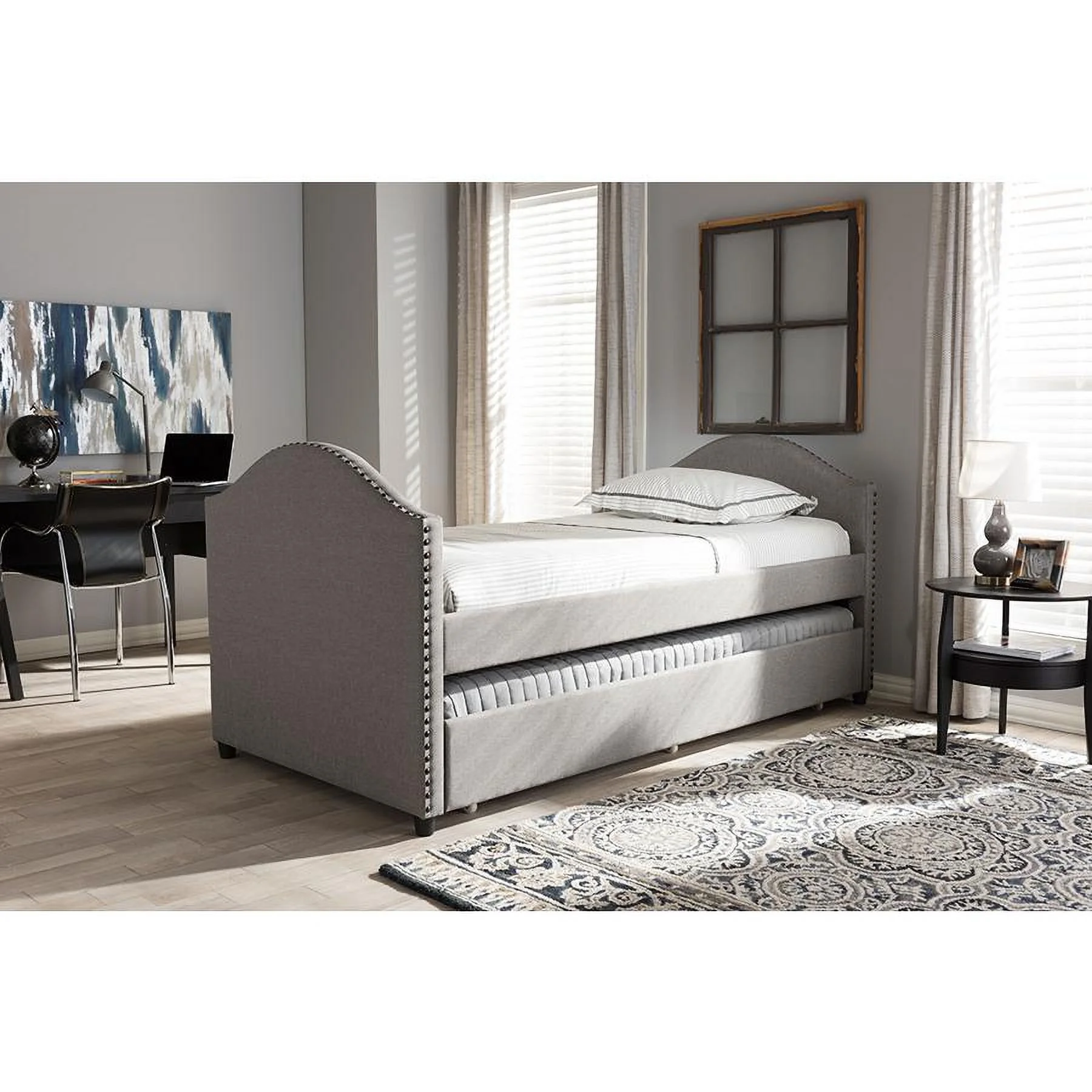 Baxton Studio Alessia Modern and Contemporary Fabric Upholstered Daybed with Guest Trundle Bed, Gray