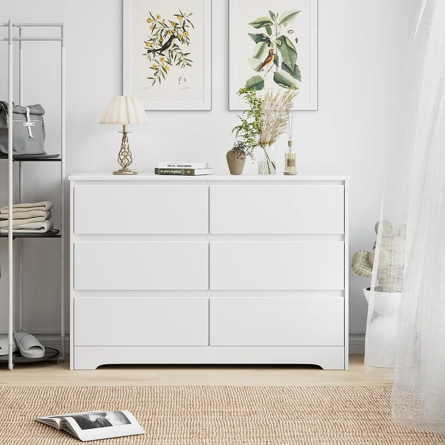 6 Drawer Double Dresser White Dresser 6 Chest of Drawers with Deep Drawers Wide Organizer Cabinet for Living Room