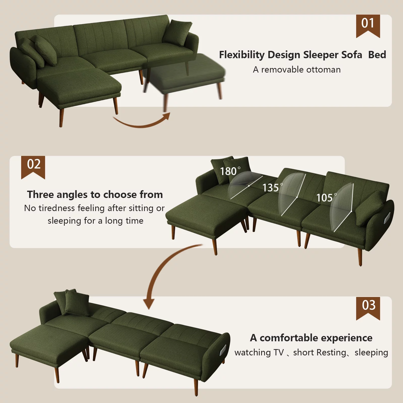 NOBLEMOOD Sleeper Sectional Sofa Bed for Living Room, L-Shaped Linen Fabric Couch Sofas with Reclining Backrest and Removable Ottoman