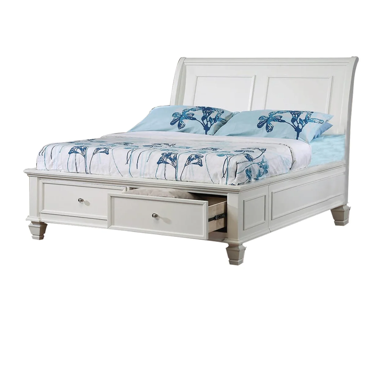 Wooden Full Size Bed with Sleigh Style Headboard and Two Drawers, White- Saltoro Sherpi