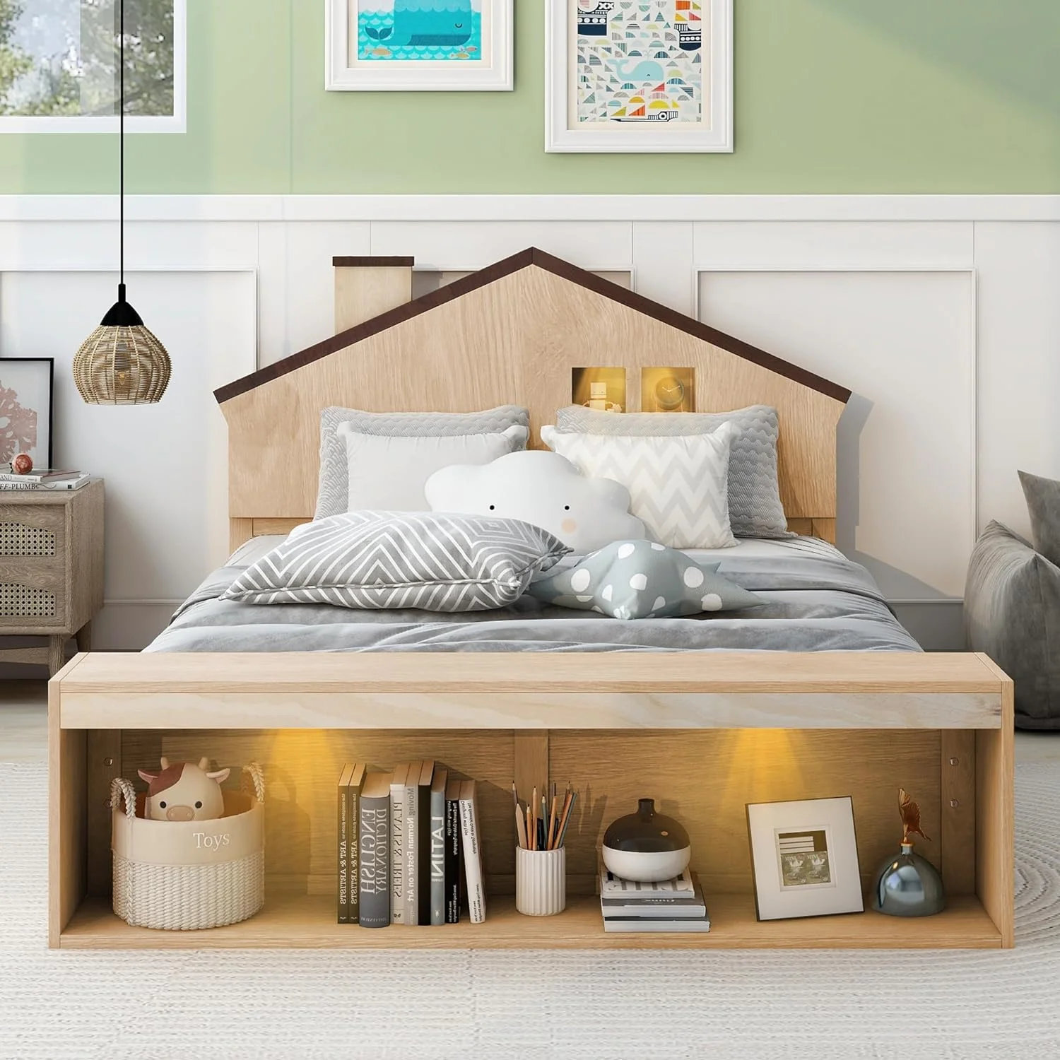 Full Size Platform Bed With Storage And Headboard Footboard LED Lights, Solid Wood House Bed Frame, No Box Spring Needed, Easy Assembly (Wood Color)