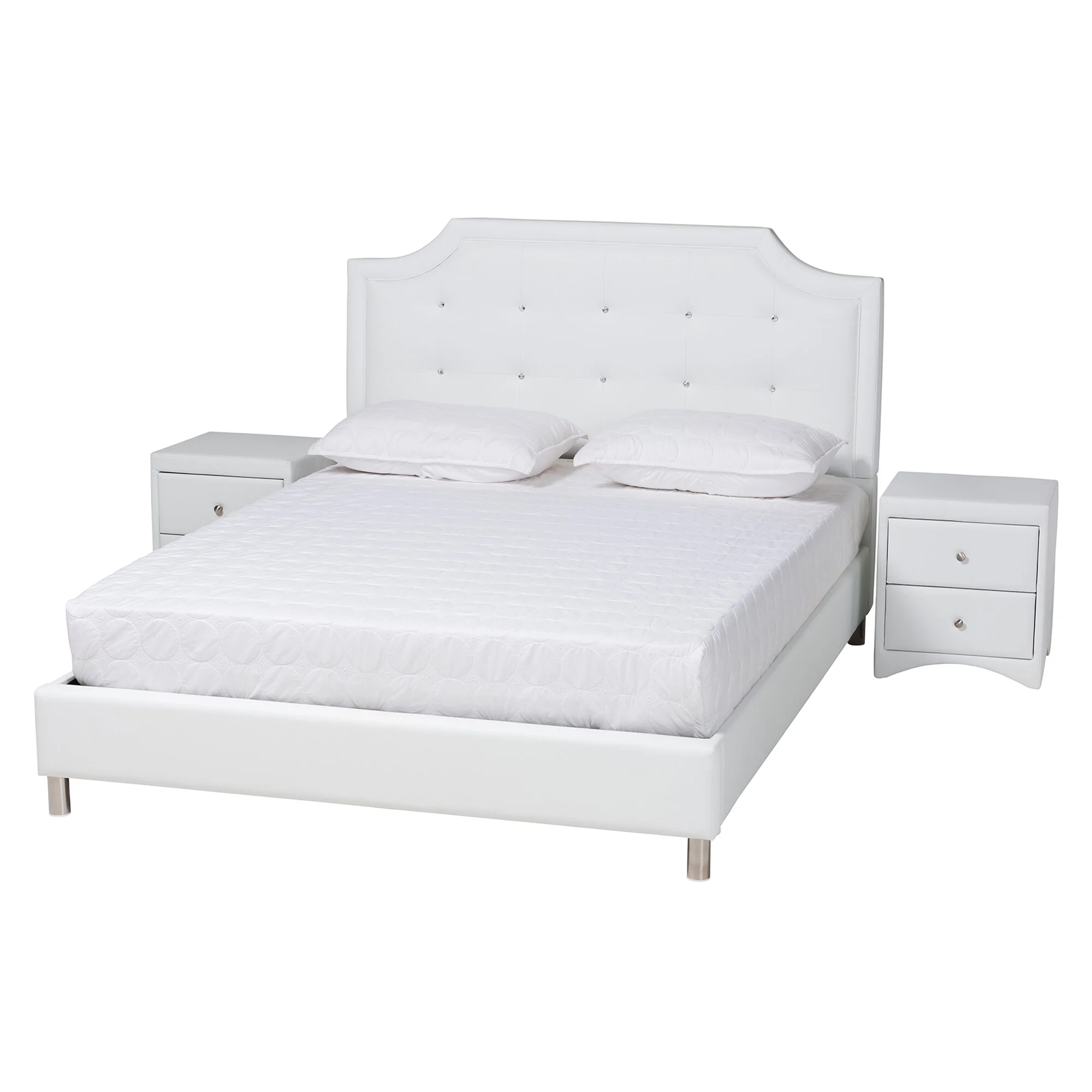 Baxton Studio Carlotta Contemporary & Glam styled 3-Piece Bedroom Set with White Faux Leather Upholstered bed Full