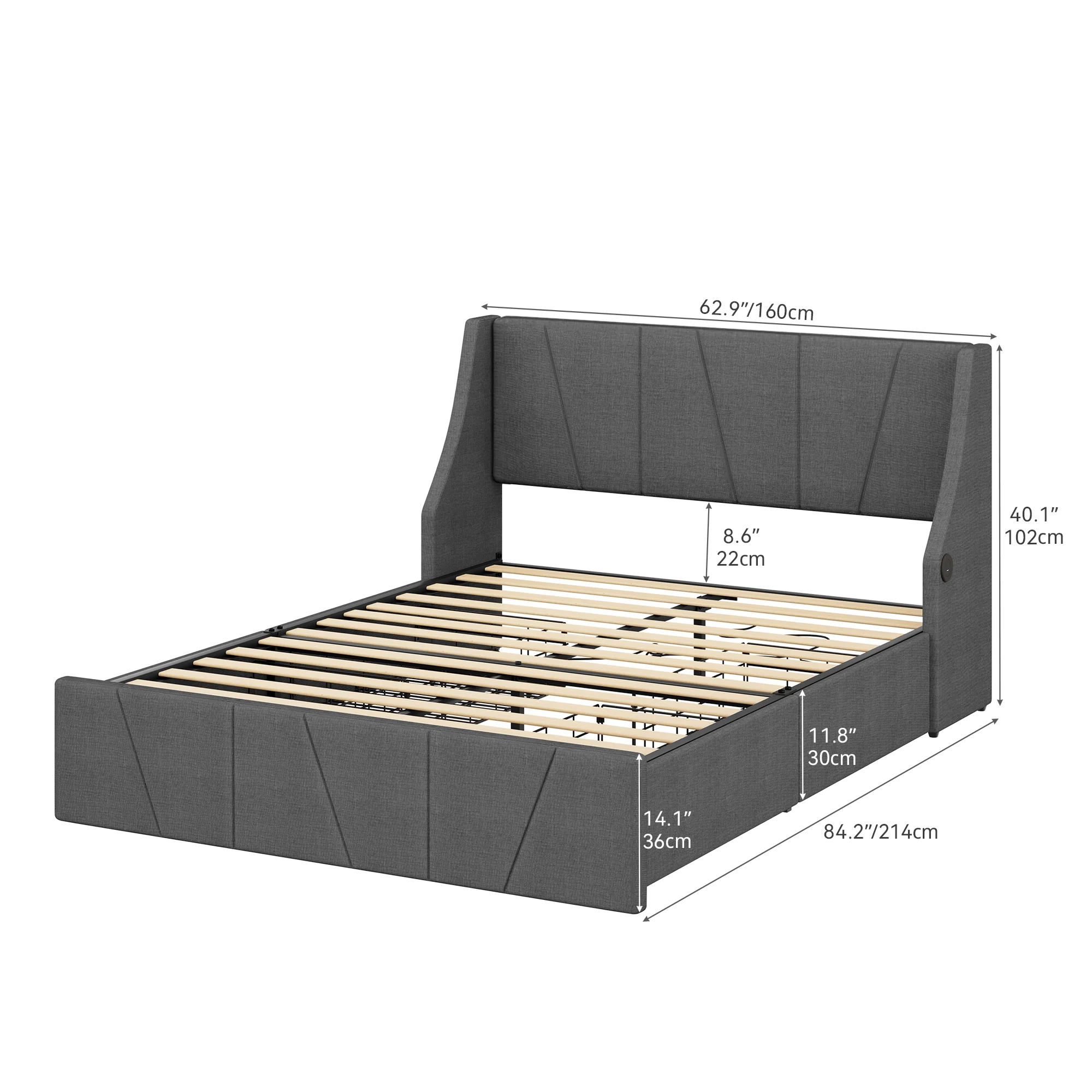 Dextrus Queen-Sized Bedstead, Bed with Quadruple Storage Drawers & Padded Headrest, Sleigh Bed Structure with Broad Wingback Design Featuring USB & Type-C Outlets, Box Spring Unnecessary, Gray