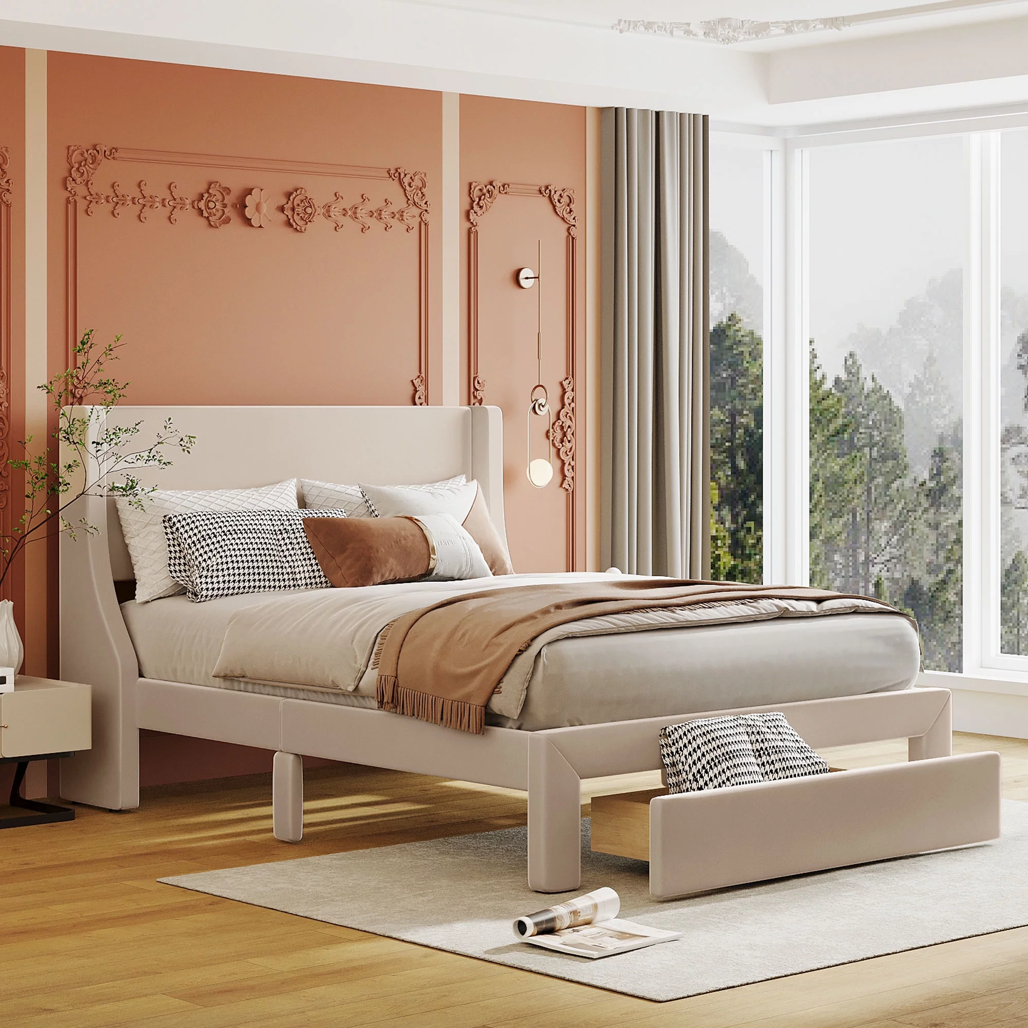 Morden Velvet Upholstered Bed Frame with Upholstered Headboard No Box Spring Needed Wood Platform Bed with a Big Drawer, Easy Assembly with Large Storage Space (Beige,Full)