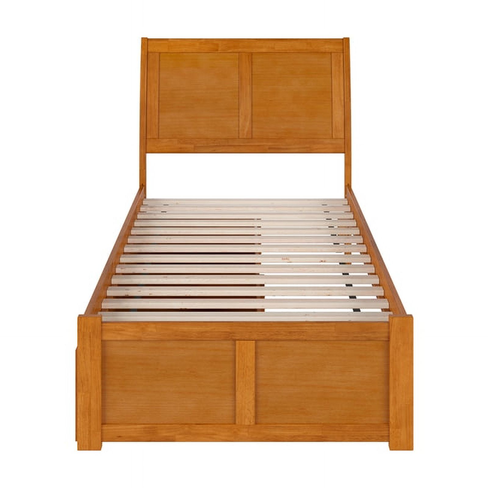 Portland Twin XL Wood Platform Bed with Footboard and Drawers in Light Toffee