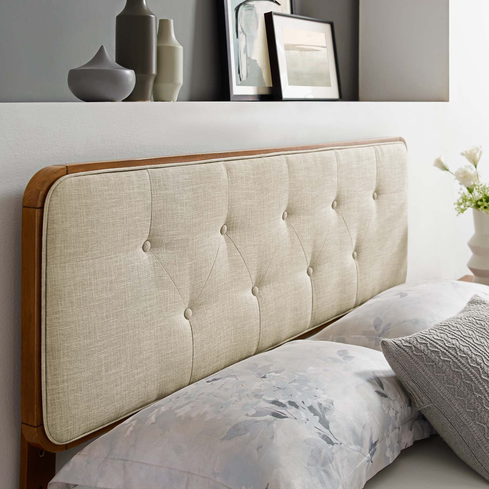 Tufted Headboard, Full Size, Wood, Fabric, Brown Walnut Beige, Modern Contemporary Urban Design, Bedroom Master Guest Suite