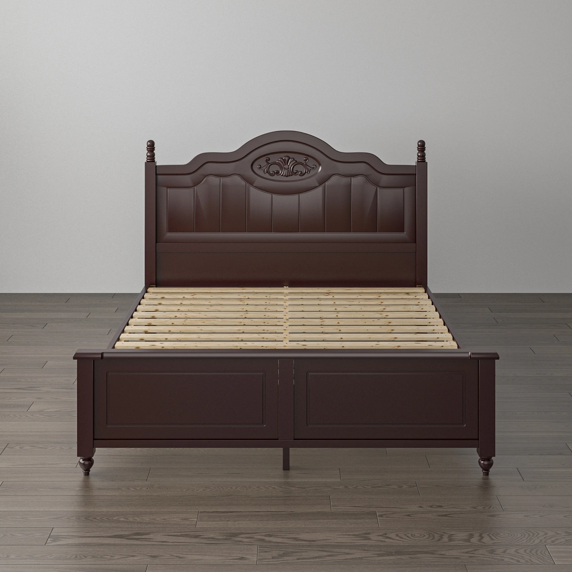 Wood Platform Bed Frame w/Headboard / No Box Spring Needed / Queen Dark Brown