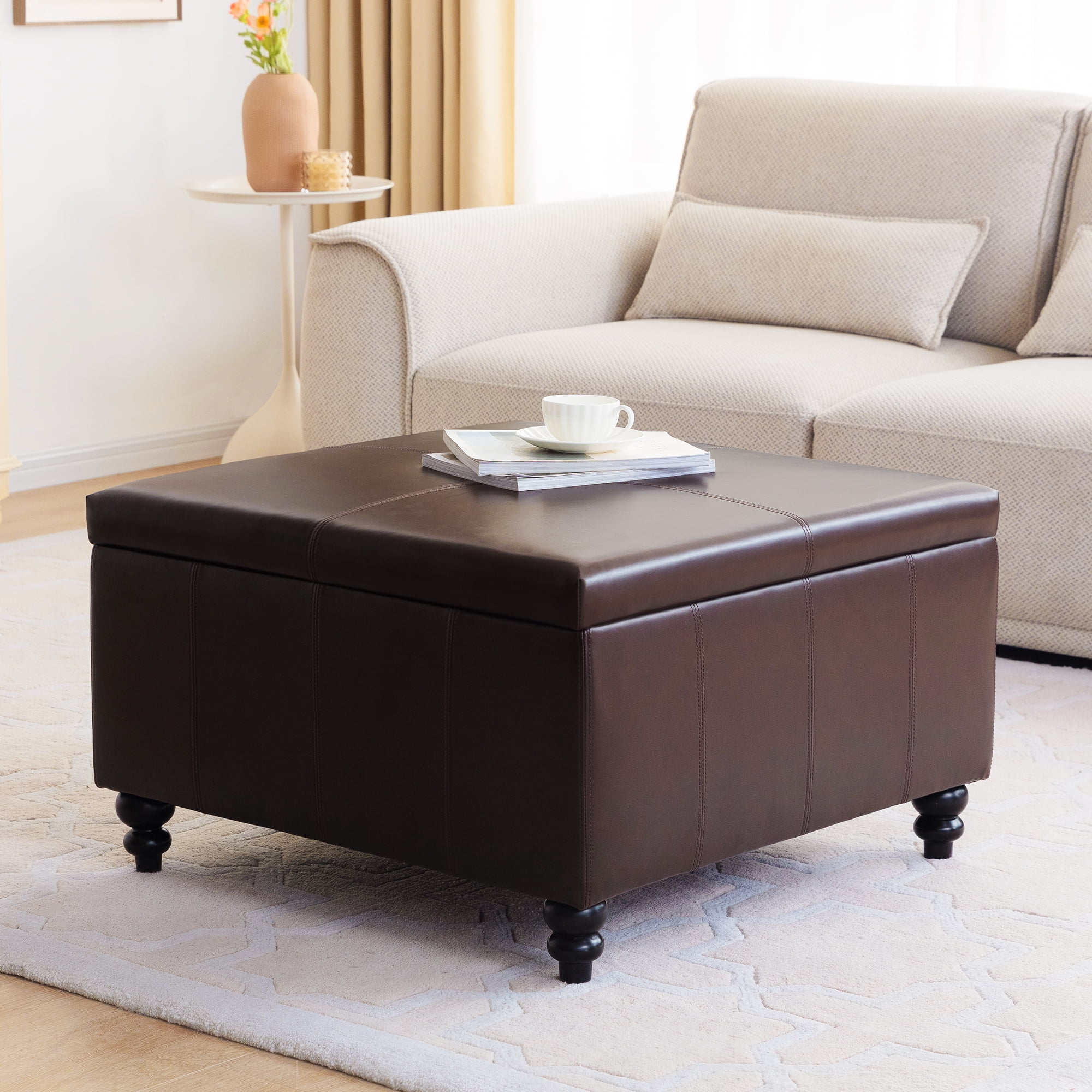 HUIMO Large Square Storage Ottoman Bench, PU Upholstered Coffee Table Ottoman with Storage, Oversized Storage Ottomans Footrest for Living Room,Leather Brown