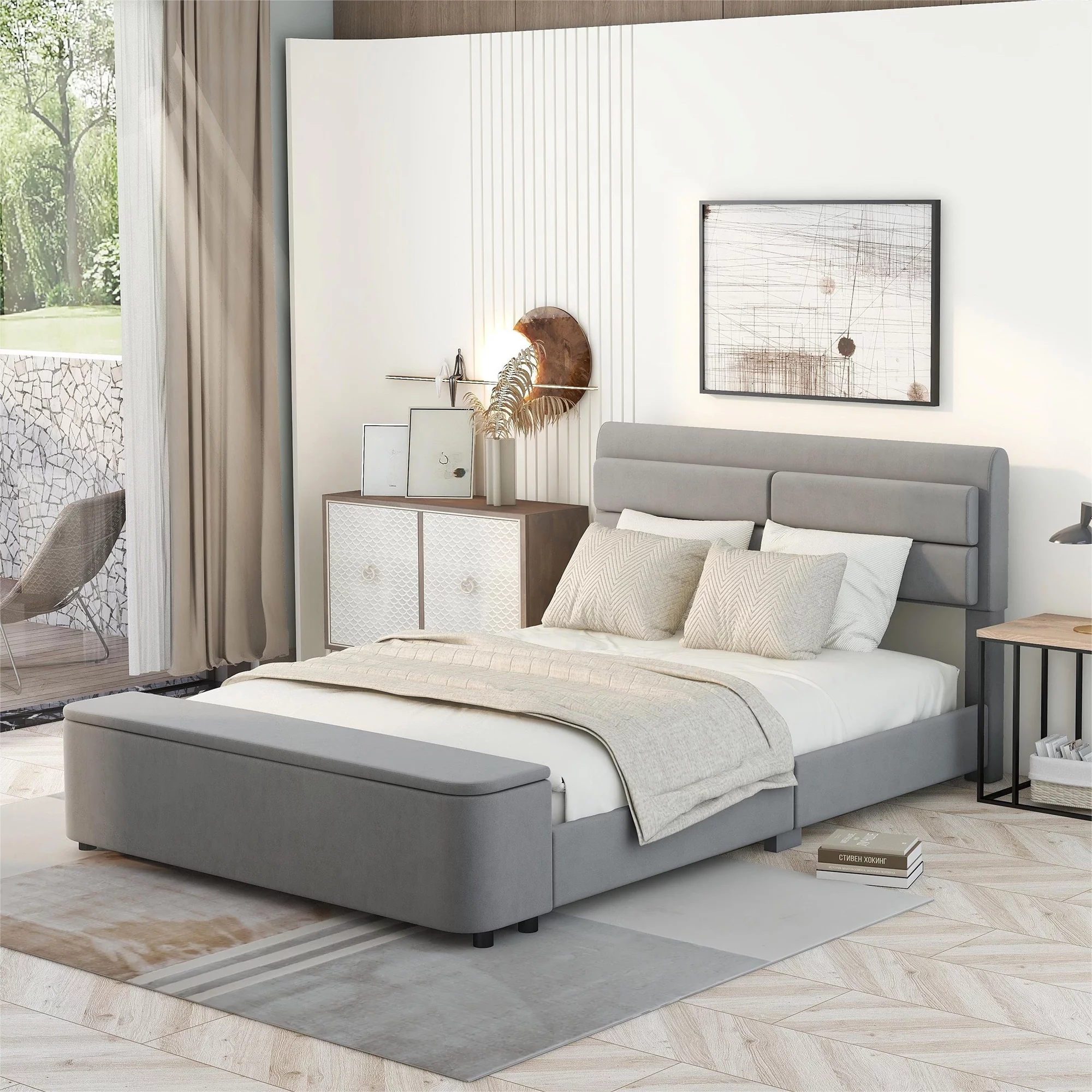 Bellemave Full Size Velvet Upholstered Bed Frame with Storage Platform Bed with Headboard and Storage Ottoman Wood Bed Frame Full, No Box Spring Needed, Gray