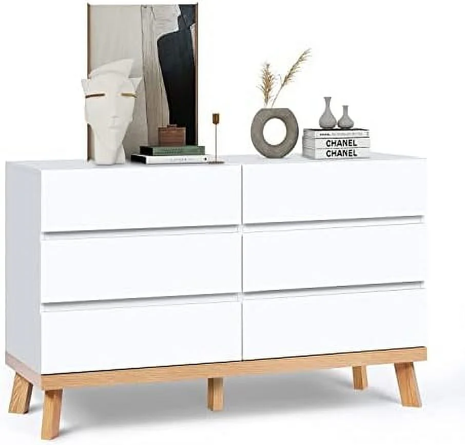 White Dresser for Bedroom 6 Drawer Double Dresser Chest of Drawers Large Cabinet White Dresser for Bedroom Living Room Hallway (White)