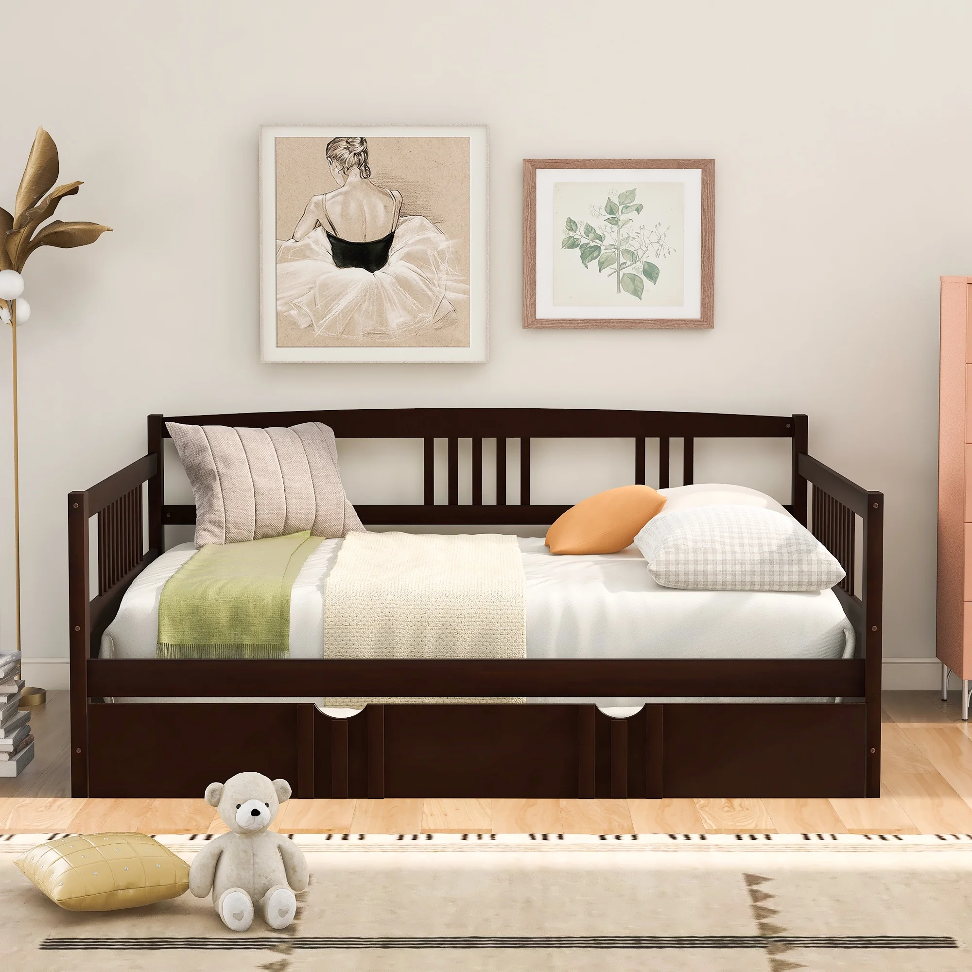 Solid Wood Daybed Full Size, Sofa Bed Frame Made of Sturdy Plywood with Twin Trundle and Wooden slats for Bedroom Living Room (Espresso,Full)
