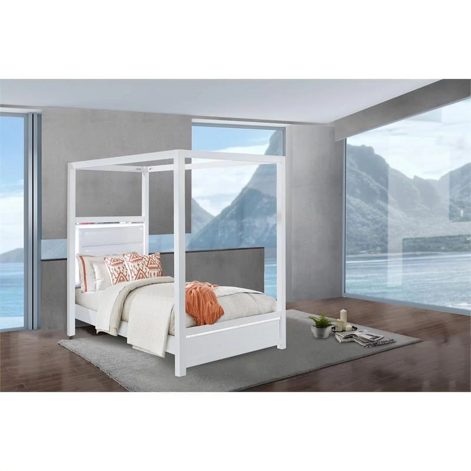 Bella Esprit Solid Wood/Faux Leather Twin Bed Canopy with LED Lighting in White