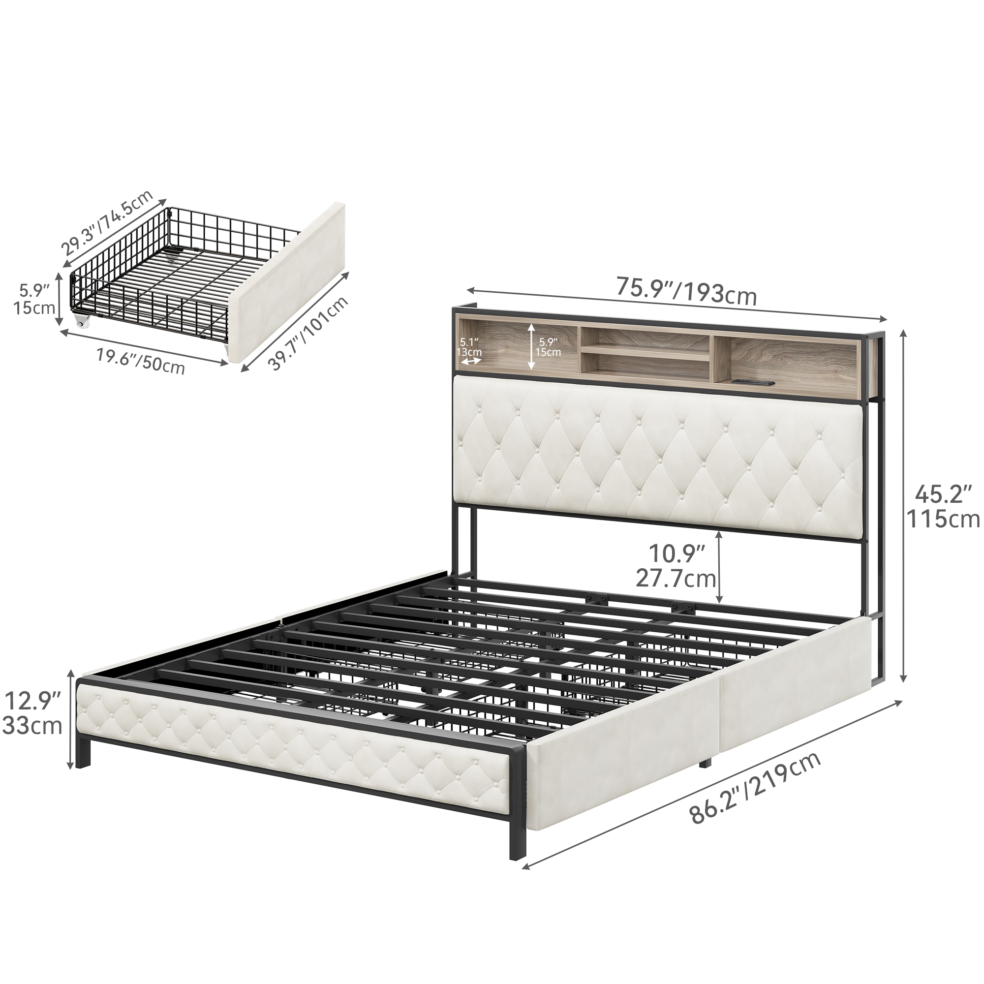 Dextrus Upholstered King Size Bed Frame, Beige Platform Bed Frame with 4 Storage Drawers, and Charging Station, No Box Spring Needed