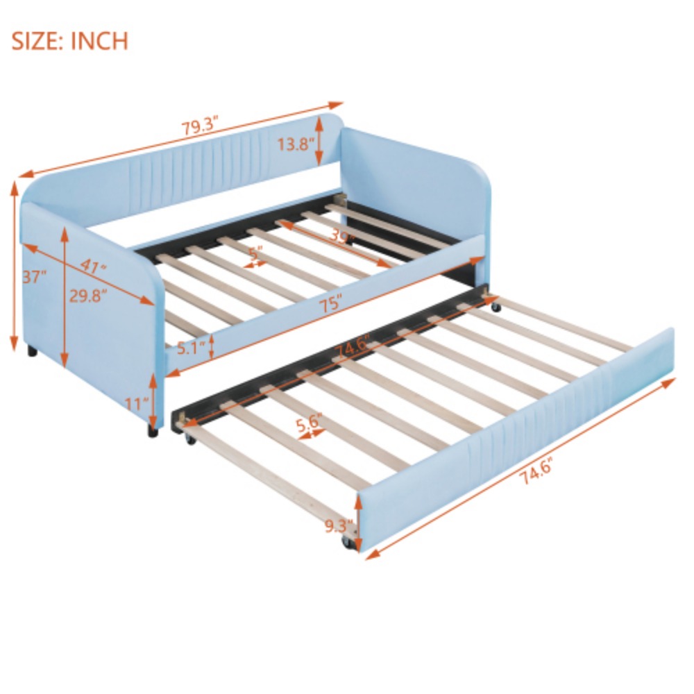 Upholstered Daybed Sofa Bed Twin Size With Trundle Bed and Wood Slat, Light Blue Light Blue + Upholstered