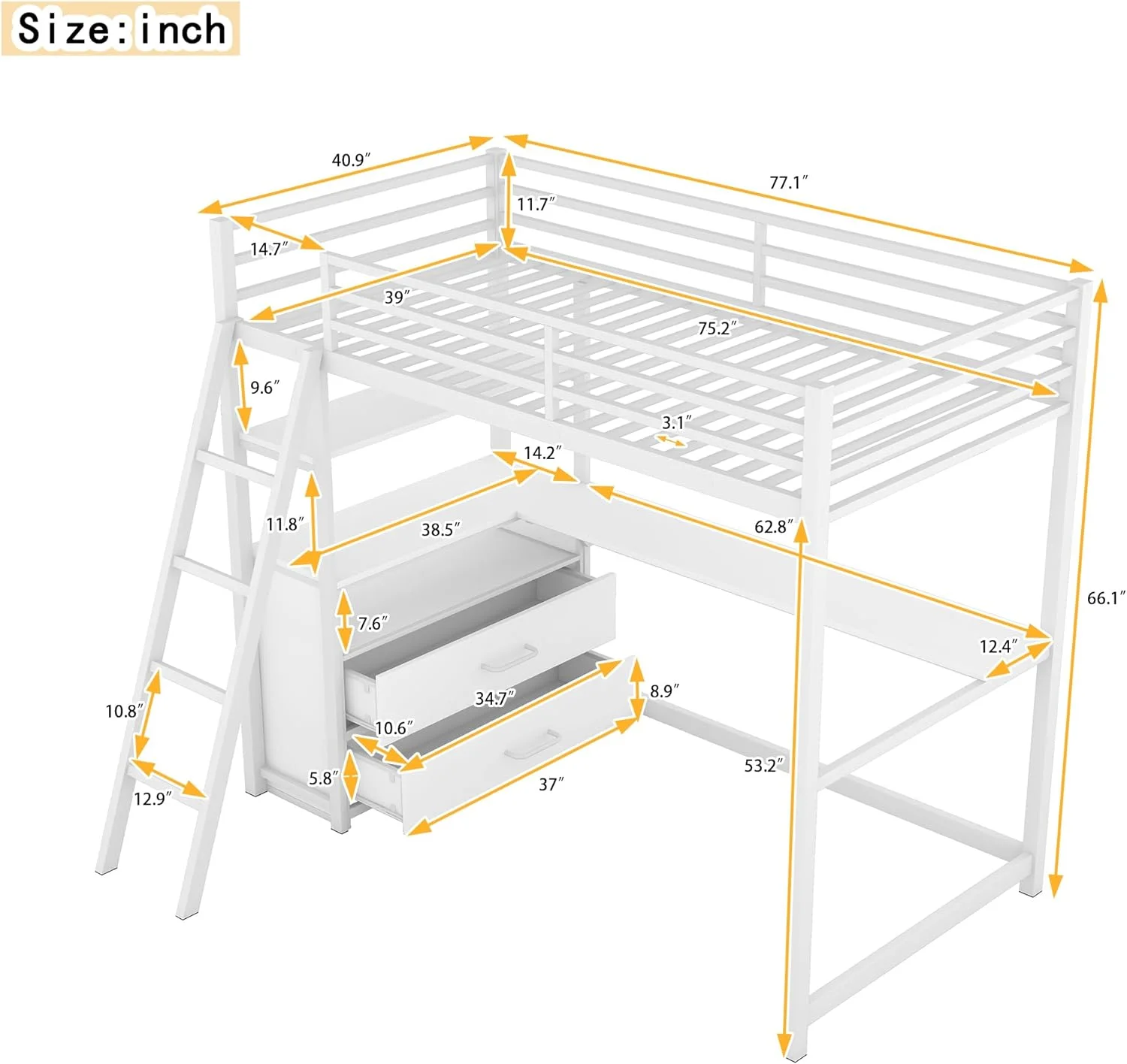 Twin Size Metal&Wood Loft Bed with Desk and Shelves, Two Built-in Drawers