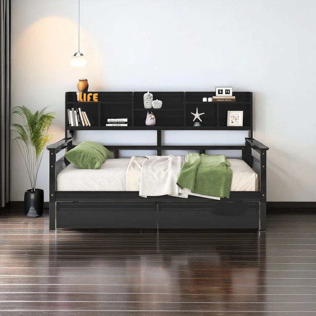 Full Size Bed Frame, Full Size Bed Frame with Storage, Full Size Daybed with Bedside Shelves and 2 Drawers, Bed Frame Full w / Wood Slat Support & No Box Spring Needed & Easy Assembly