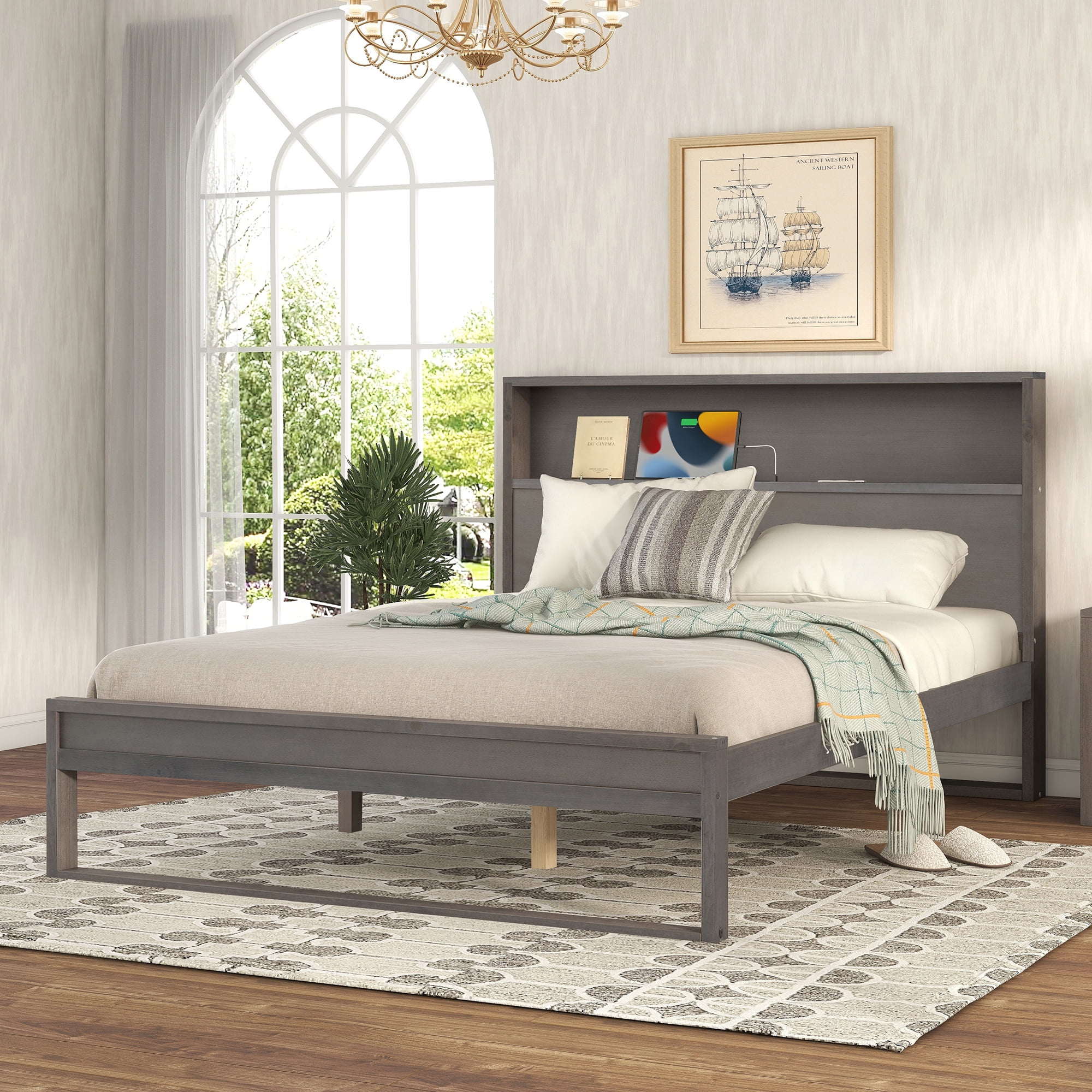 CoSoTower Platform Bed with Storage Headboard, Sockets and USB Ports, Queen Size Platform Bed, Antique Gray