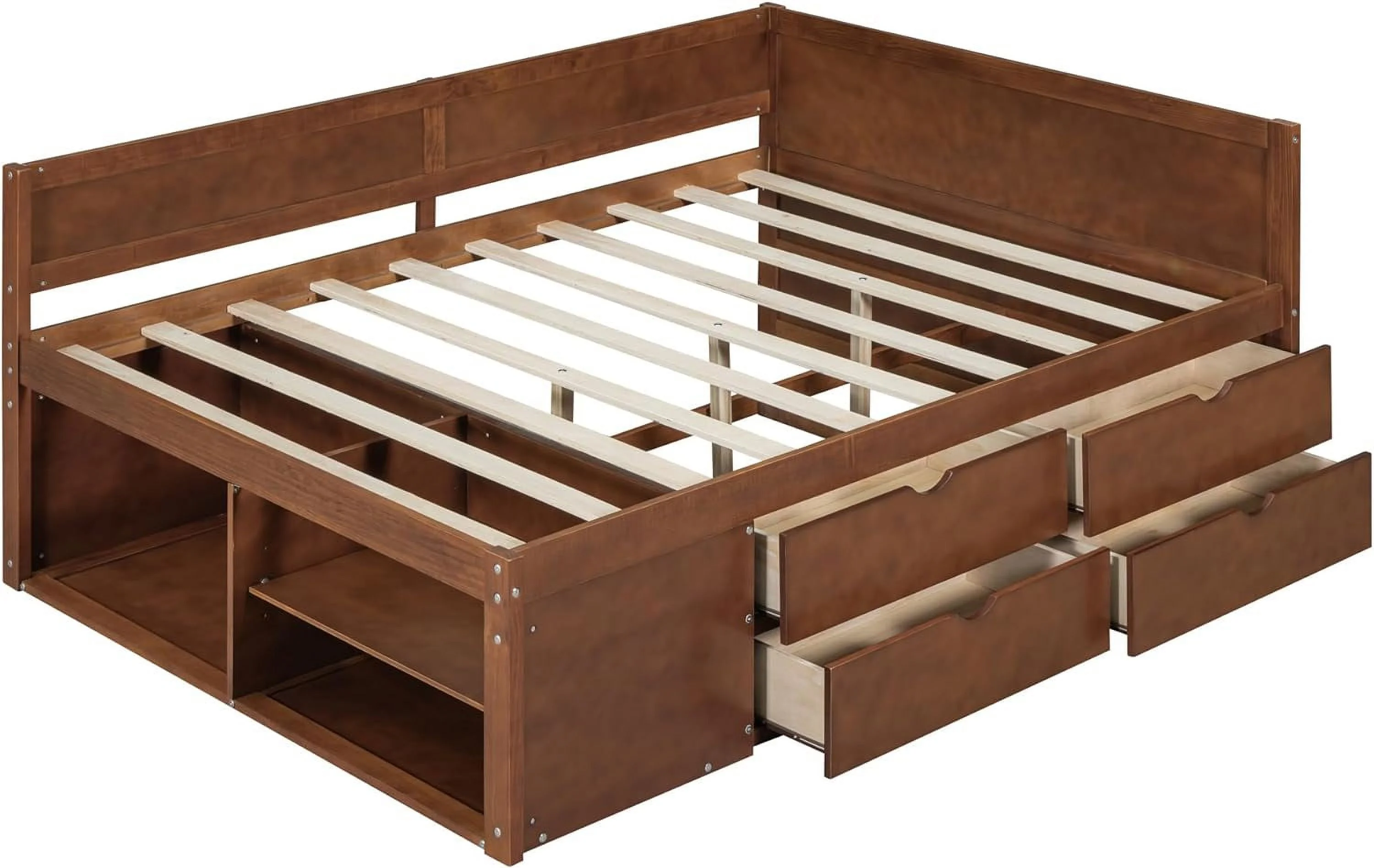 Full Size Daybed with 4 Drawers and Shelves, Wooden Daybed Captain Bed with Wood Slats Support, Elegant Design Daybed for Dorm Bedroom Guest Room