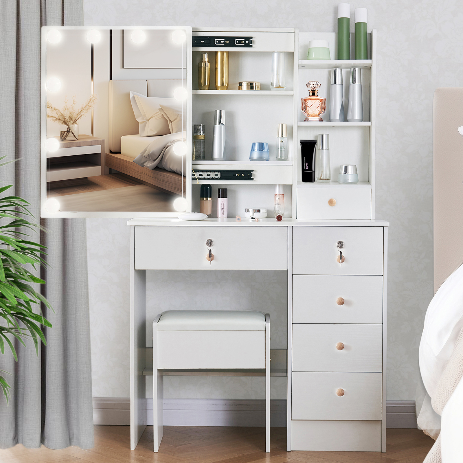 JBLCC Lighted Makeup Vanity Set, Modern Dressing Table with Sliding Mirror, Vanity Desk with Drawers and Shelves, White