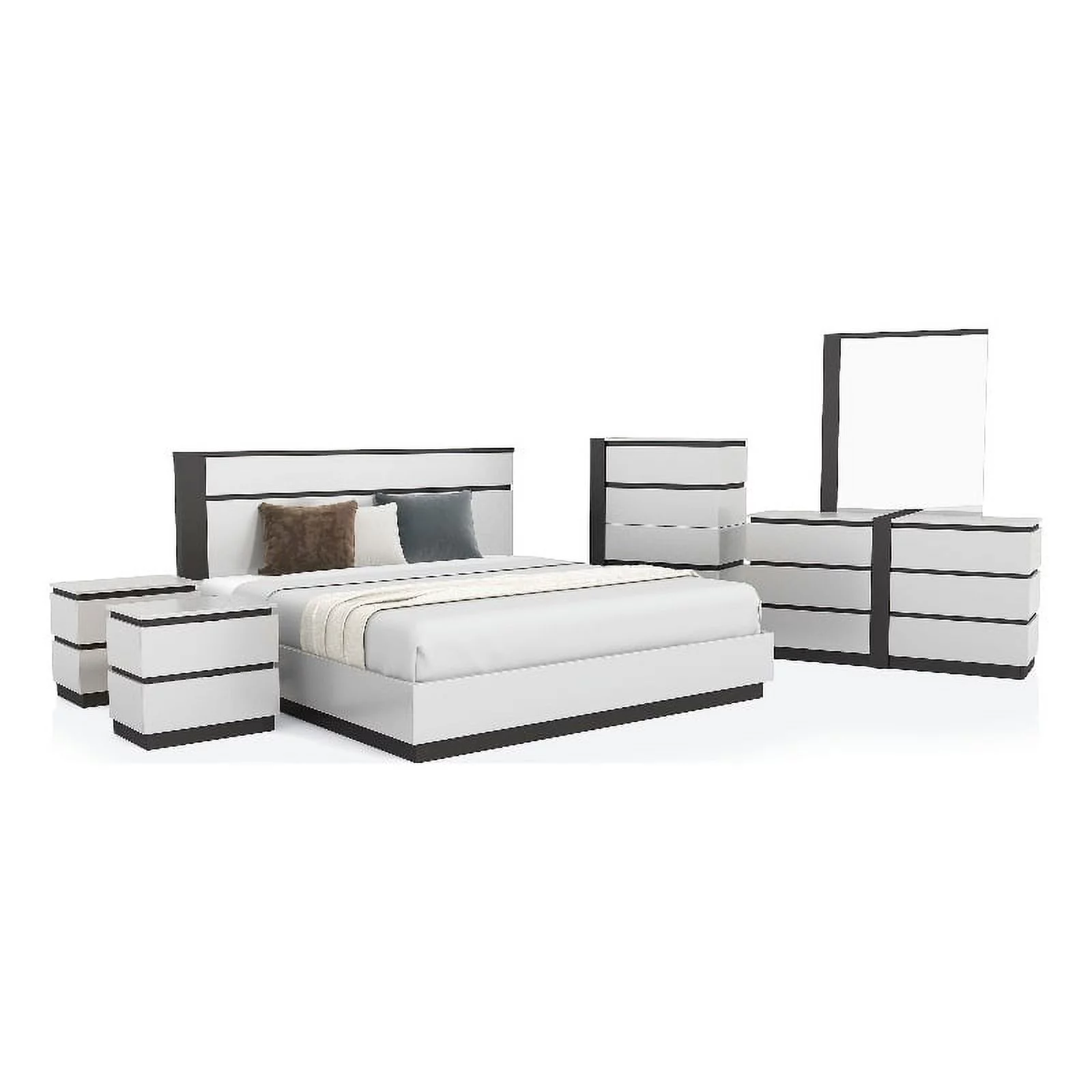 FOA Misti 6pc White Wood Bedroom Set-Cal King+2 Nightstands+Chest+Dresser+Mirror