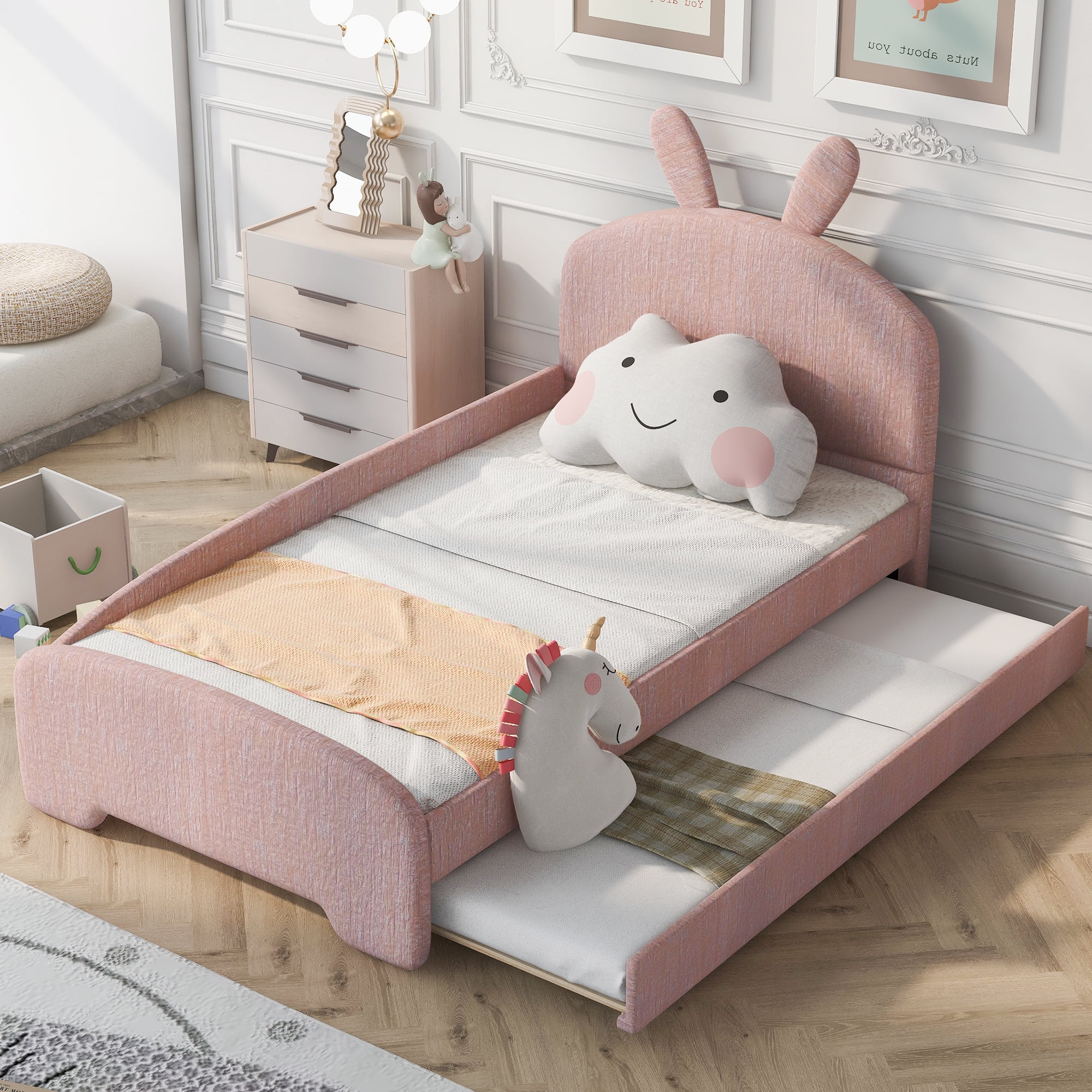 Churanty Twin Size Cartoon Bed for Kids,Wood Upholstered Bed with Trundle and Ears Shaped Headboard, Chenille Platform Bed Wood Frame, Pink