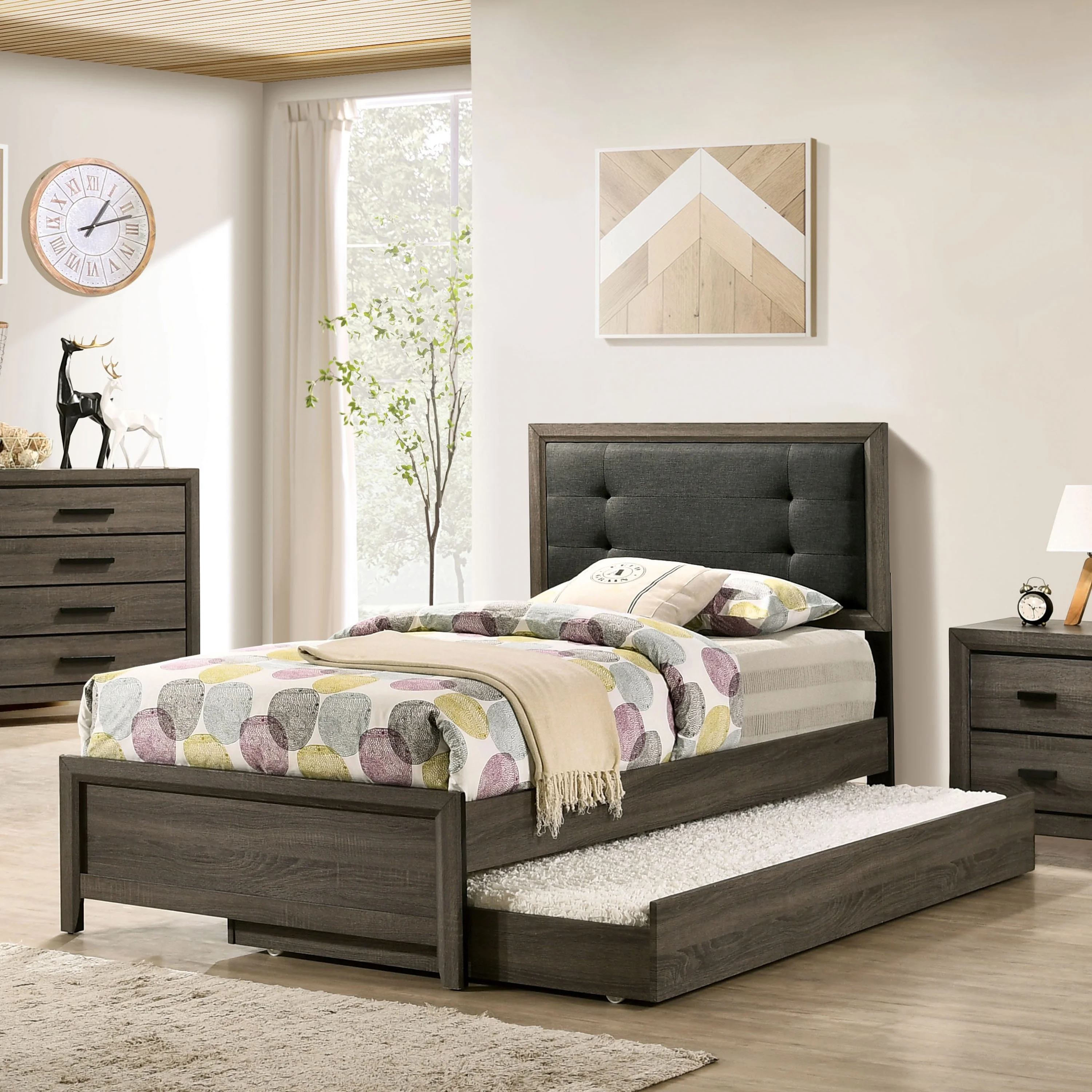 Furniture of America Aury Transitional Grey Wood Tufted 2-Piece Panel Bed and Trundle Set by Twin
