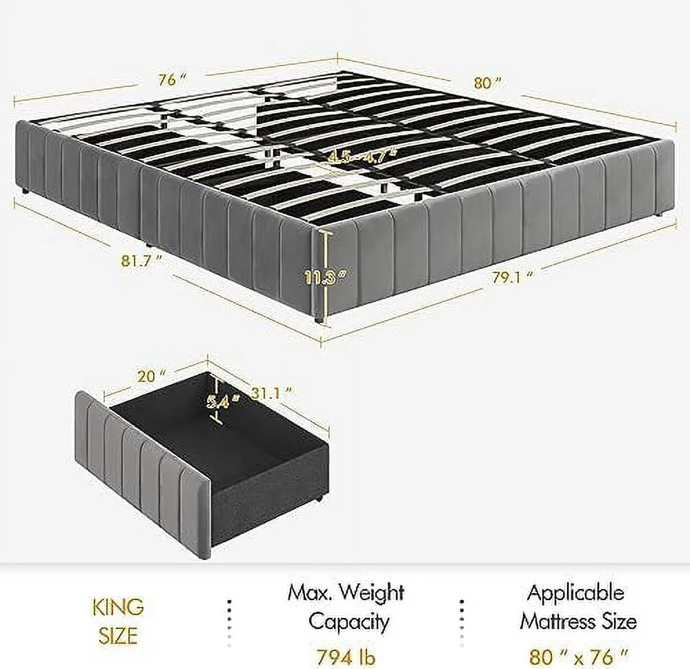 xrboomlife King Bed Frame Upholstered Platform Bed with 4  Drawers  Large  Space/Strong Wooden Slats/Non-Slip and Noise-Free/No Fixed Headboard/No Box Spring Needed/Dark Gray King Bed