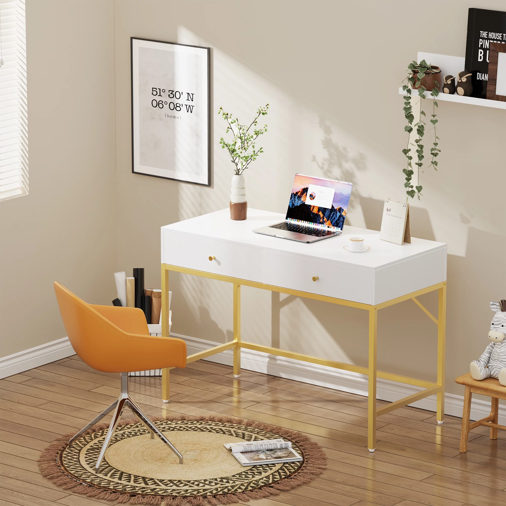 SUPERJARE Vanity Desk with Drawers, 47 inch Computer Desk, Makeup Vanity, Dressing Table for Bedroom, White and Gold