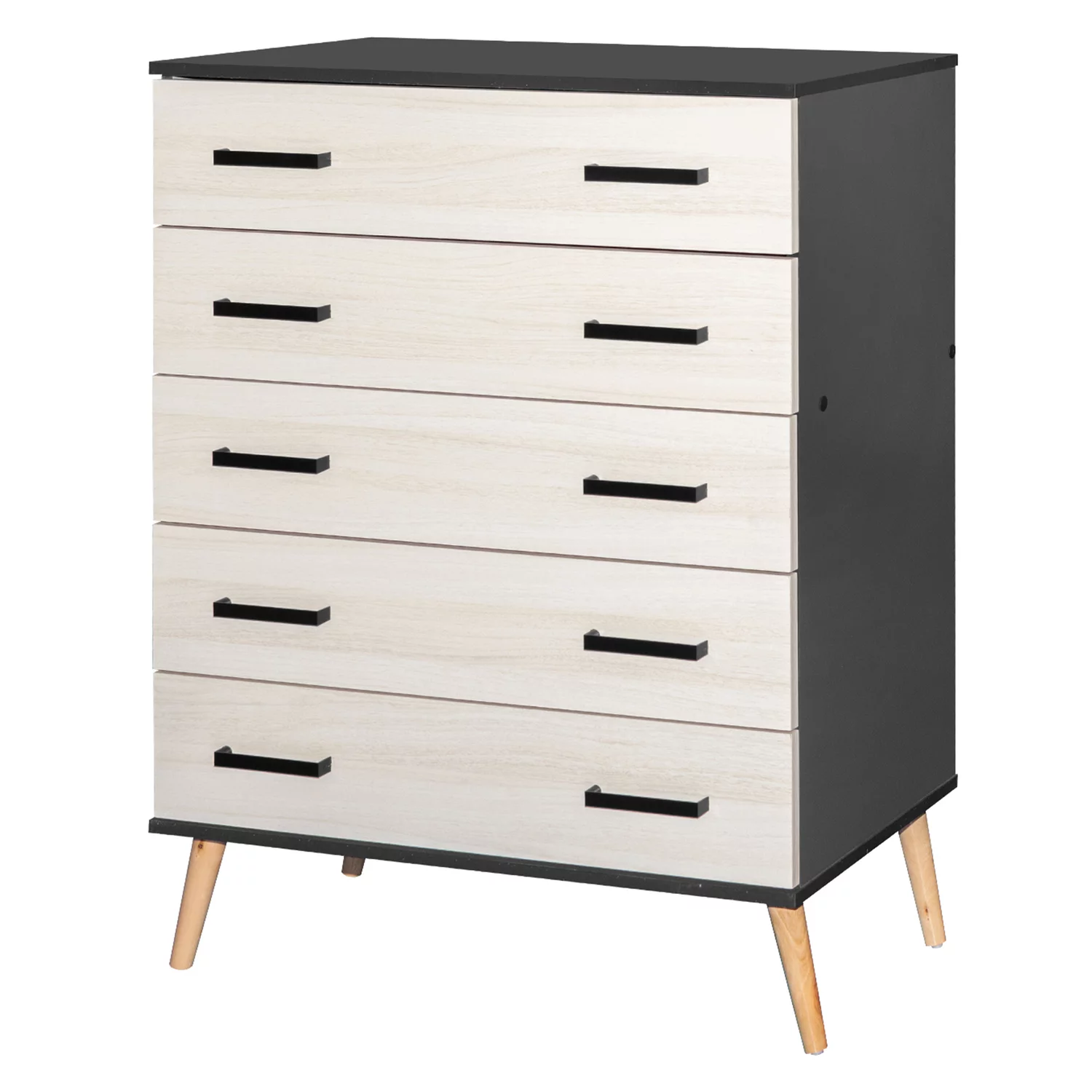 Better Home Products Chest Five Drawer with Pine Legs in Dark Gray and Honey Oak Finish.