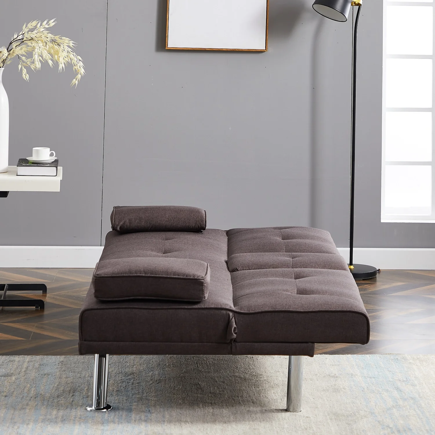 Dubbin Modern Linen Convertible Futon Sofa Bed with Removable Armrests,Metal Legs,and Cupholders - Brown