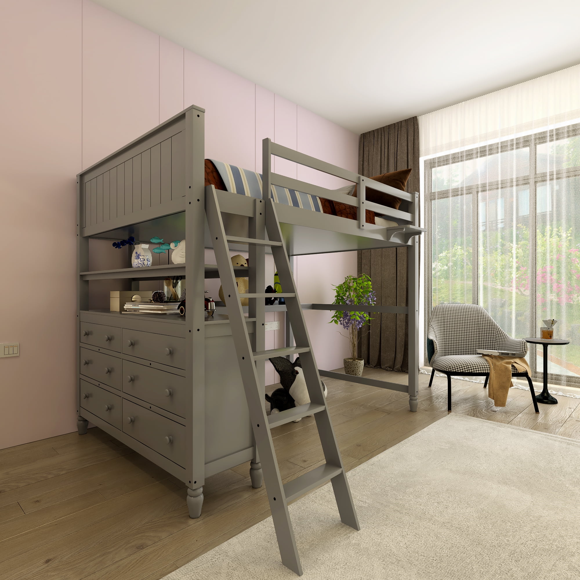 Loft Bed with Desk Full Size, Wooden High Loft Bed with Storage Drawers and Shelves for Kids Teens Boys Girls,No Box Spring Needed,Grey