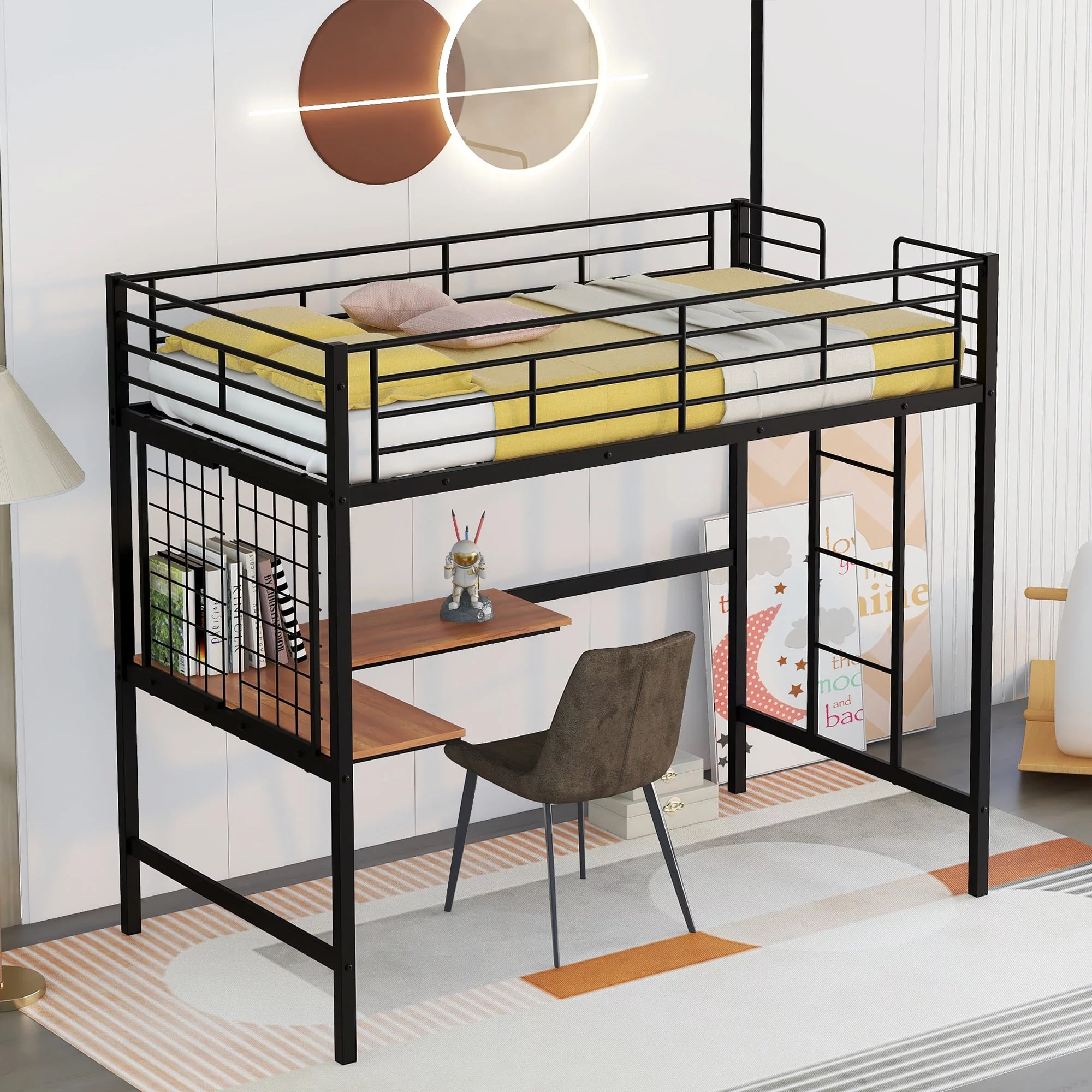 ikayaa Twin Metal Loft Bed with Desk and Metal Grid,Black