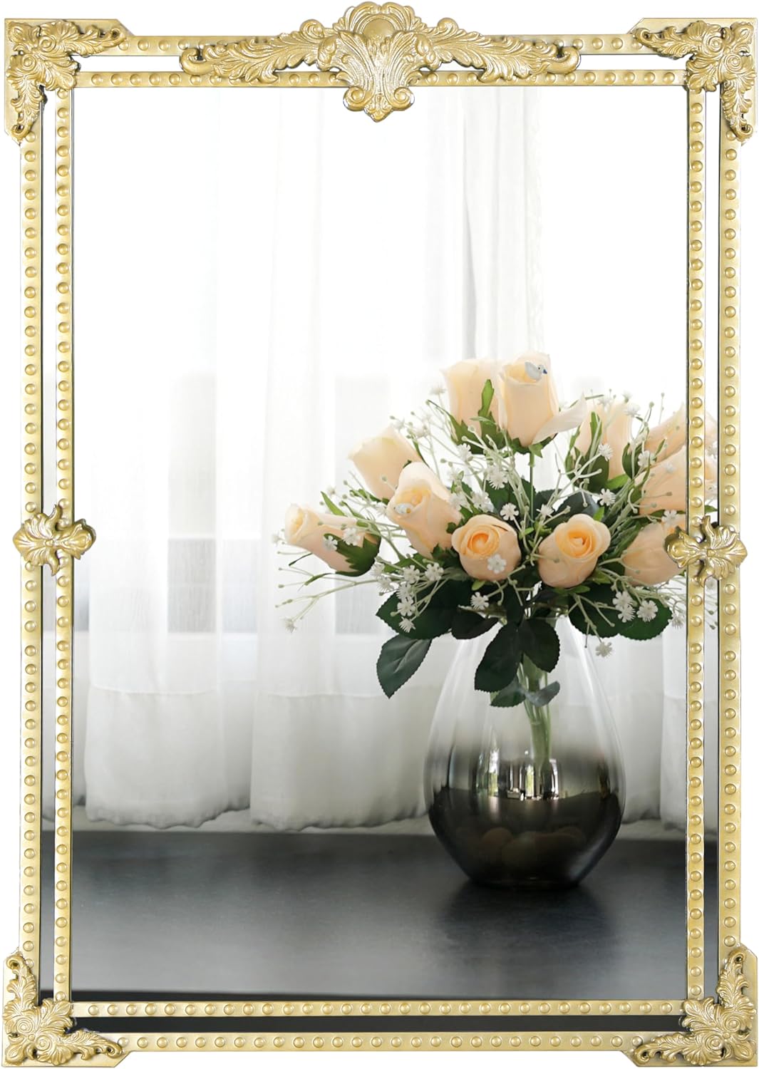 QCAI Antique Mirror Metal Frame 41 * 29IN Gold Vintage Wall Mirror Baroque Mirror