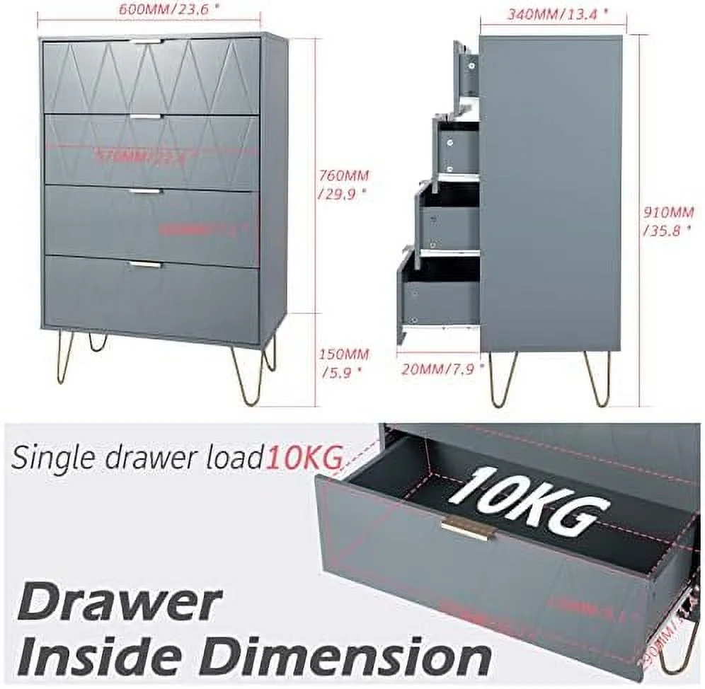 HBBOOMLIFE Thre' New 4 Drawer Chest Craft  Organization for Home & Office  Dresser Cabinet Office  File Cabinet with 4 Metal Legs (Black)