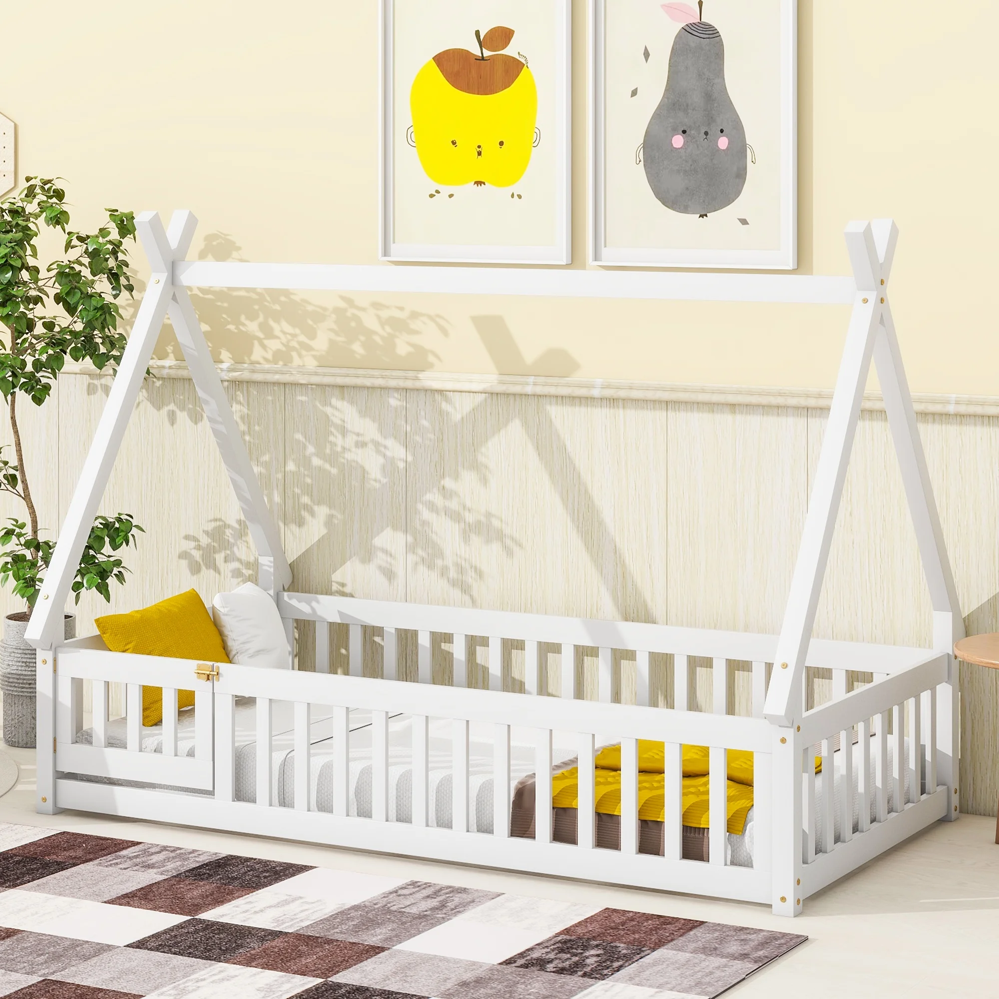 Twin Floor Bed for Kids, PAPROOS Wood Twin Size House Toddler Floor Bed with Fence and Door, Twin Size Playhouse Floor Bed, Kids House Fence Bed Wood Montessori Bed, for Toddler, Boys, Girls, White