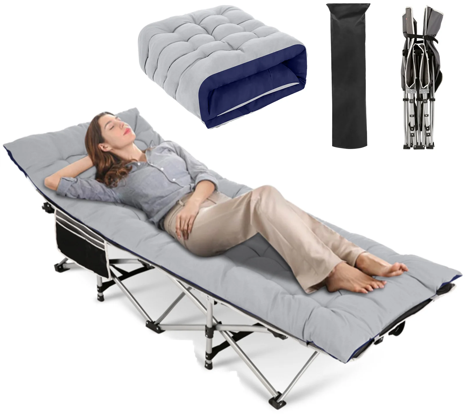 Folding Camping Cot Bed, Portable Folding Bed with 3.3 in Mattress & Carry Bag Heavy Duty Outdoor Camping Cot for Adults 900 lbs with Side Pockets