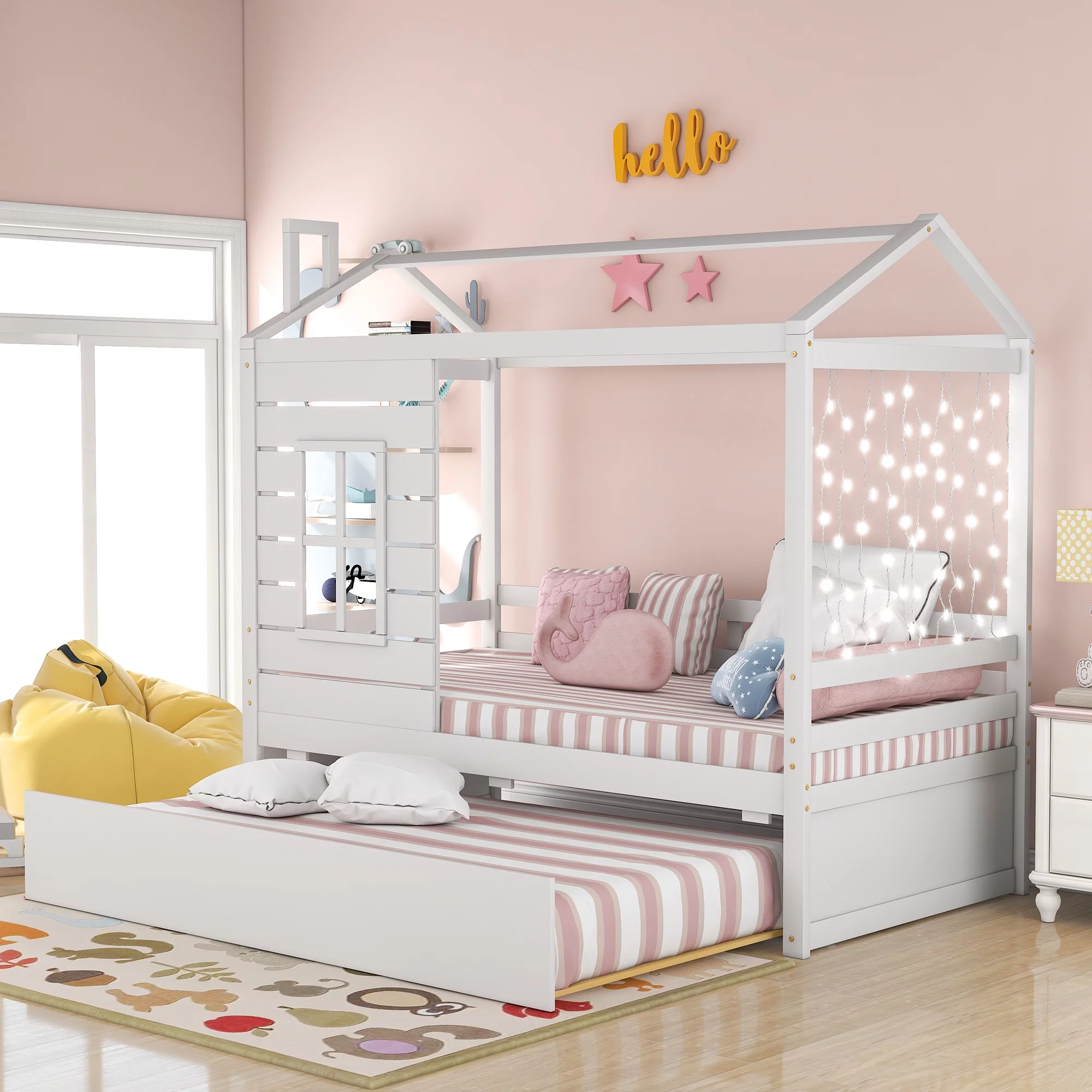 Nestfair White Twin Size House Style Wood Bed with Trundle