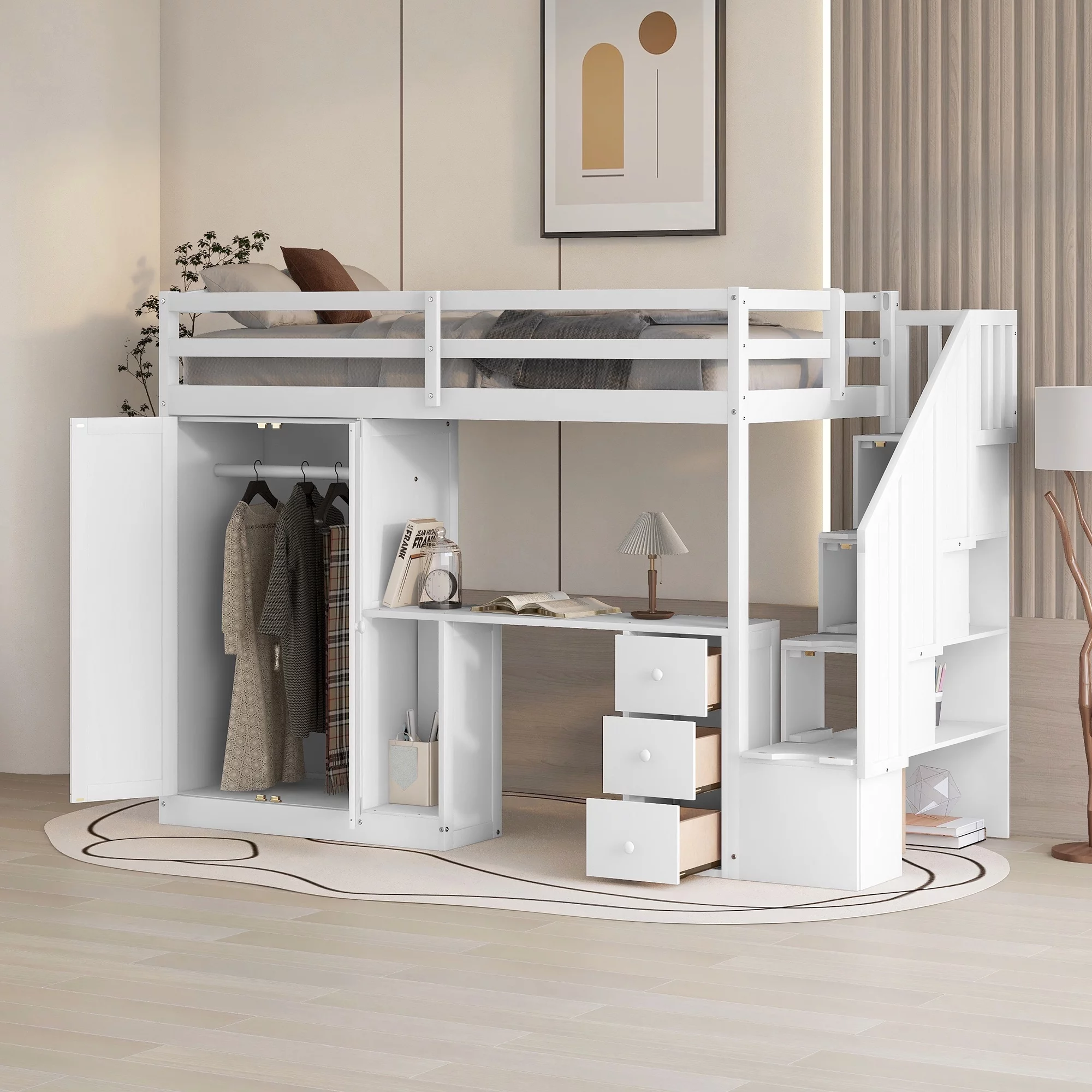 Euroco Twin Size Pine Wood Loft Bed with Desk, Drawers and Wardrobe for Kids Room, Storage Staircase, Sapce-Saving Shelf, White