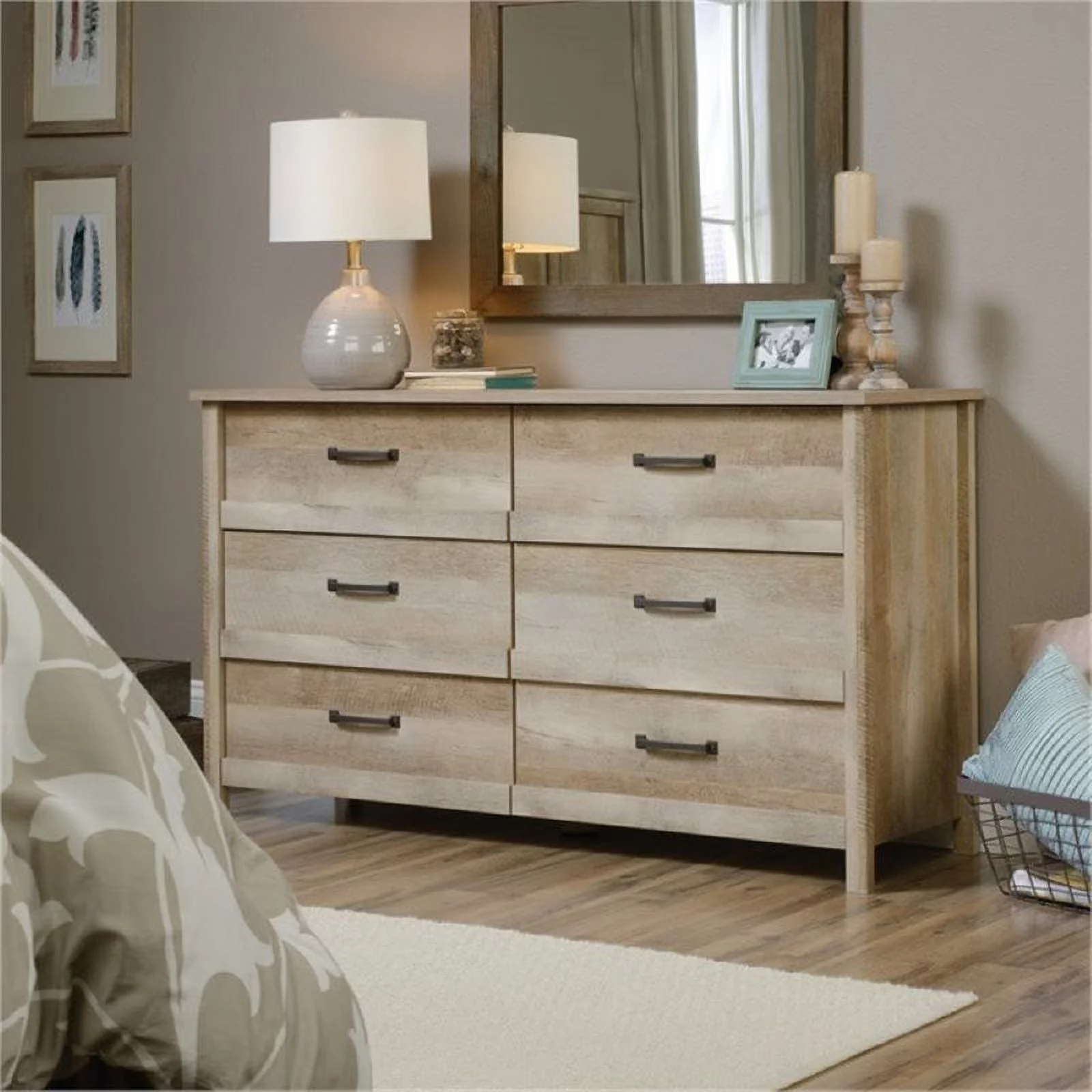 Bowery Hill Modern 6 Drawer Double Bedroom Dresser with Black Hardware in Lintel Oak