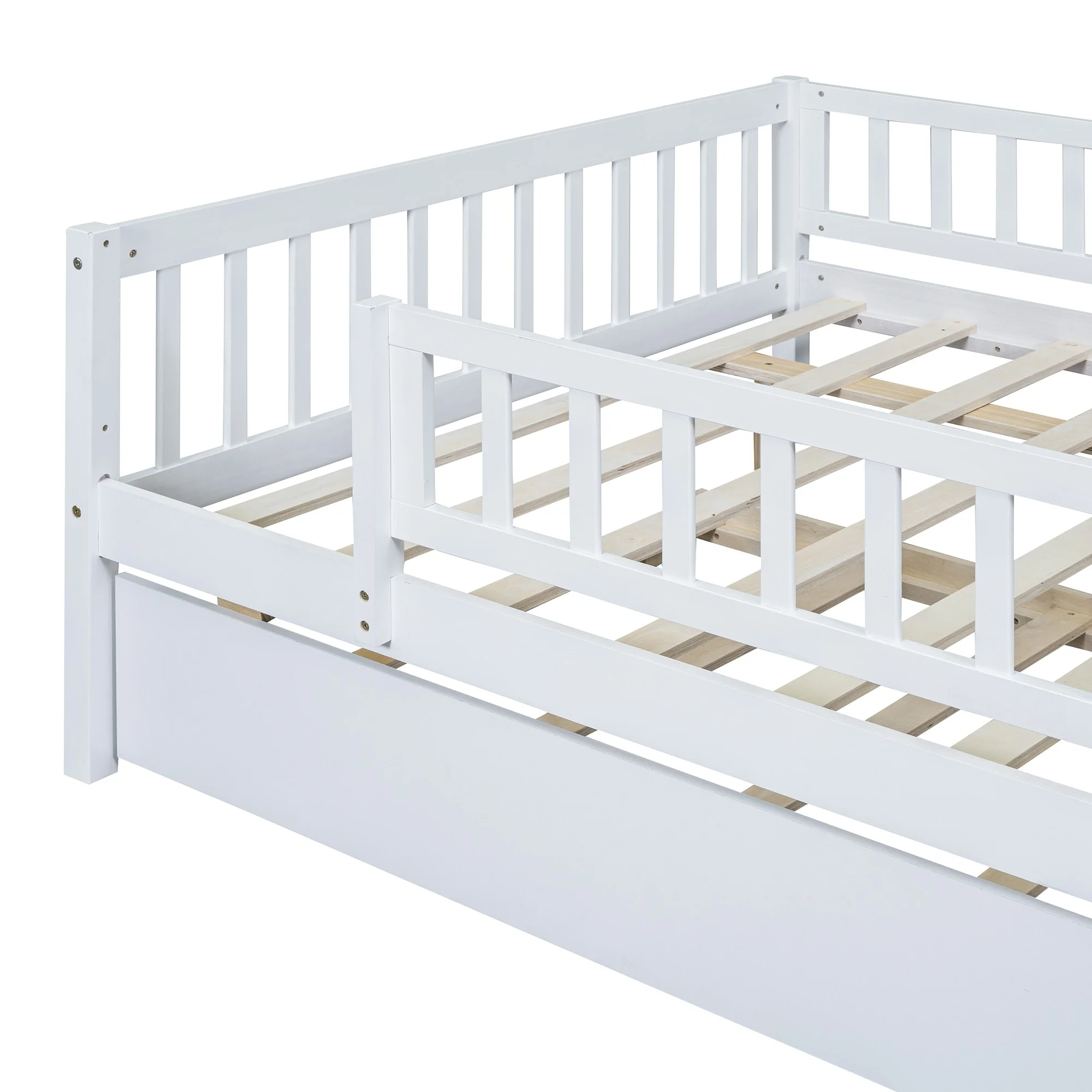 Full Size Wood Daybed with Trundle and Fence Guardrails White