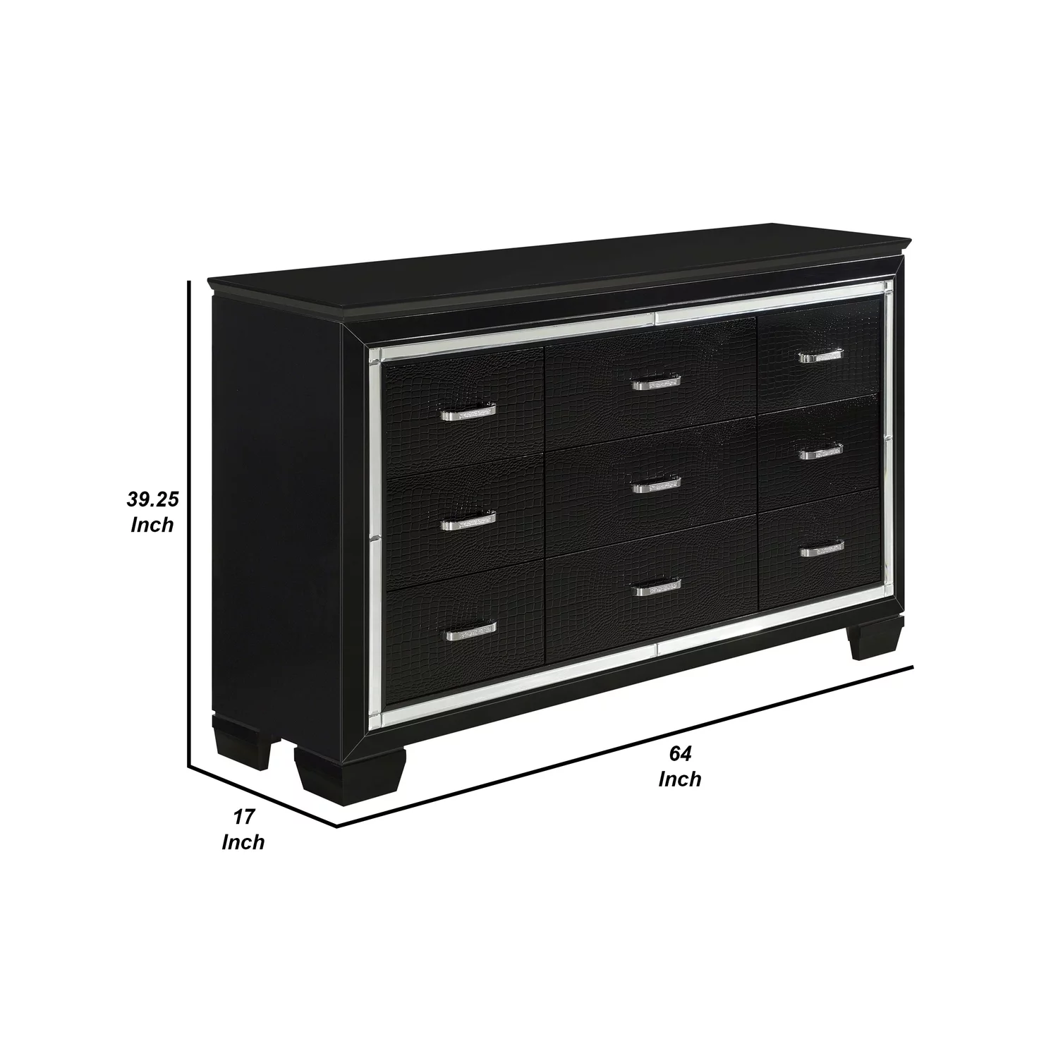 Benzara Mirror Accented Wooden Dresser With 9 Drawers, Black