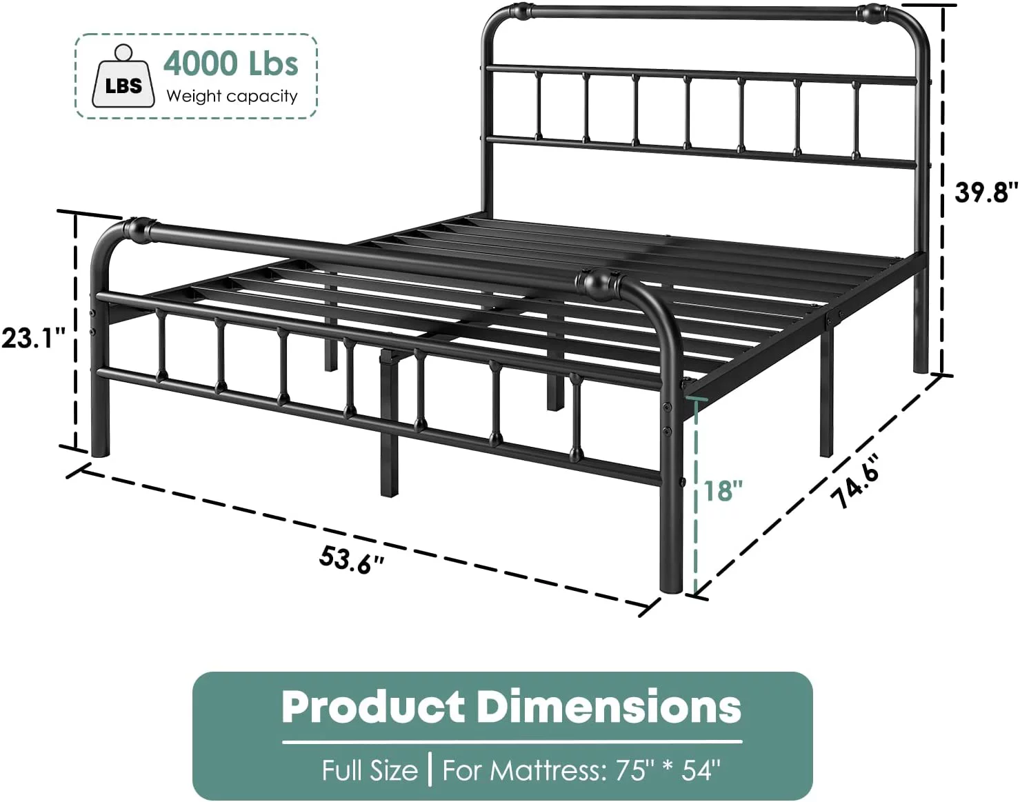 King-Bed-Frame-with-Headboard and Footboard  18 Inch Metal Platform King-Size-Bed-Frame  Premium Steel Heavy Duty Bed Frame King No Box Spring Needed  Easy Assembly  Black