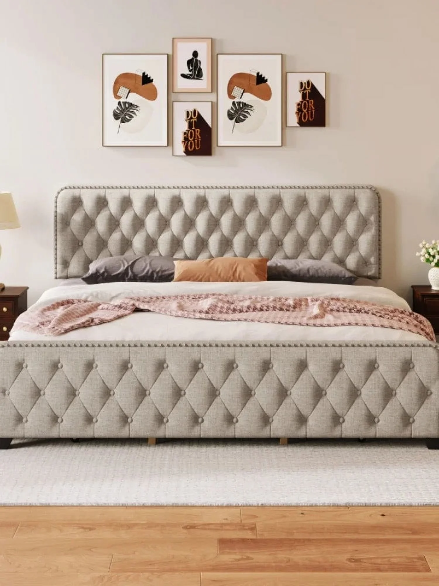 Beige Upholstered Platform Bed Frame with Four Drawers, Button Tufted Headboard and Footboard Sturdy Wood Slat Support, KING