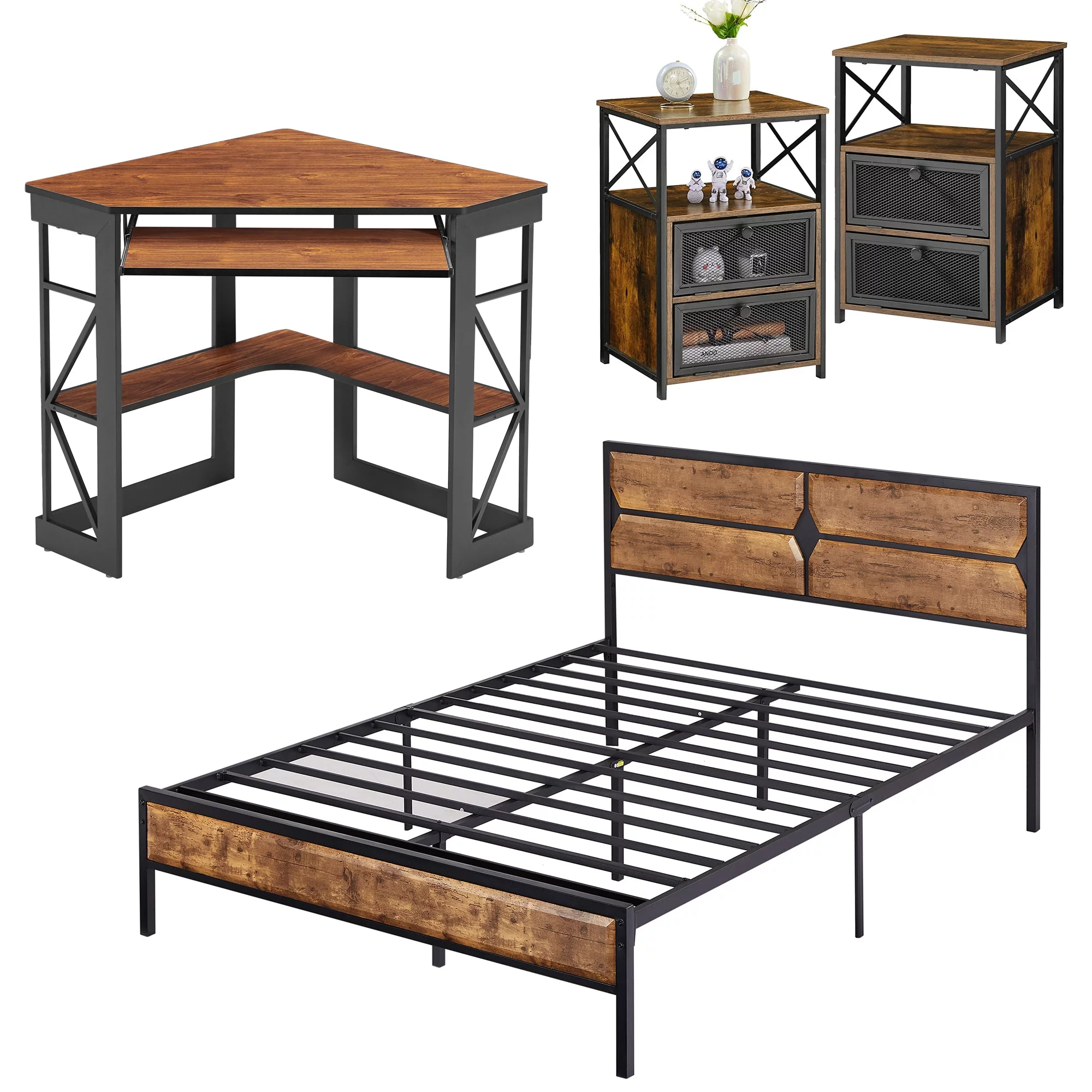 VECELO 4-Piece Bedroom Set with Queen Bed Frame Nightstands amd Desk, Brown