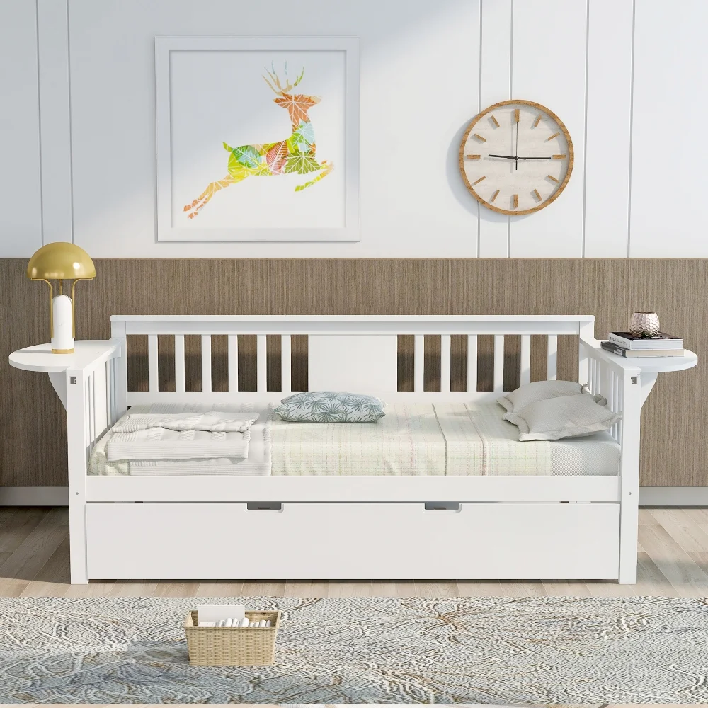 Teledu Twin Wooden Daybed With Trundle Bed , Sofa Bed For Bedroom Living Room, White